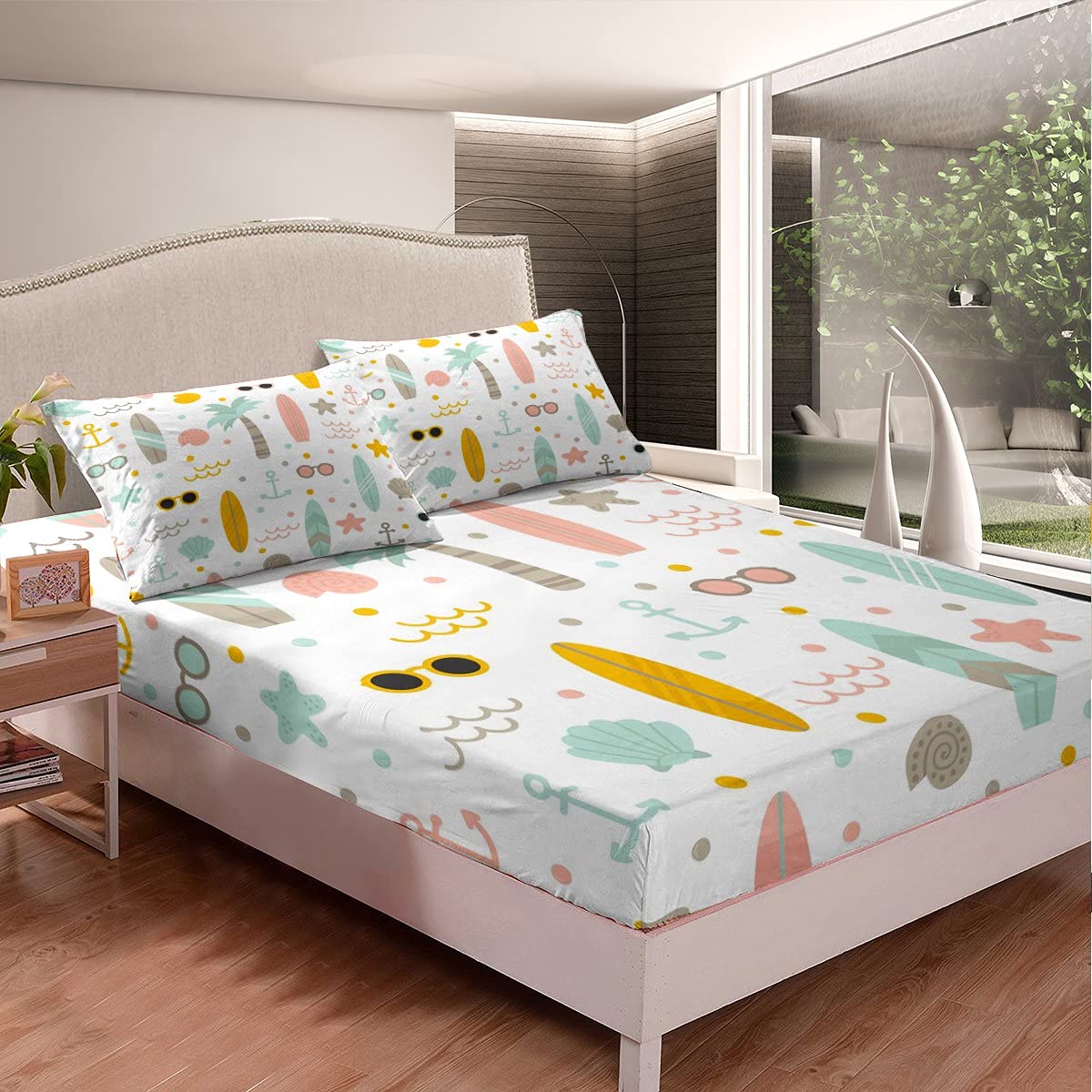 Nautical Anchor Bed Sheet Set for Kids Boys Girls Teens - Twin Size Hawaii Palm Tree Surfboard Ocean Beach Bedding Set with Starfish Coastal Sea Animal Design - Fitted Sheet, Flat Sheet & Pillowcase - Perfect for Beach Themed Bedrooms, Coastal Decor & Summer Vacation Homes