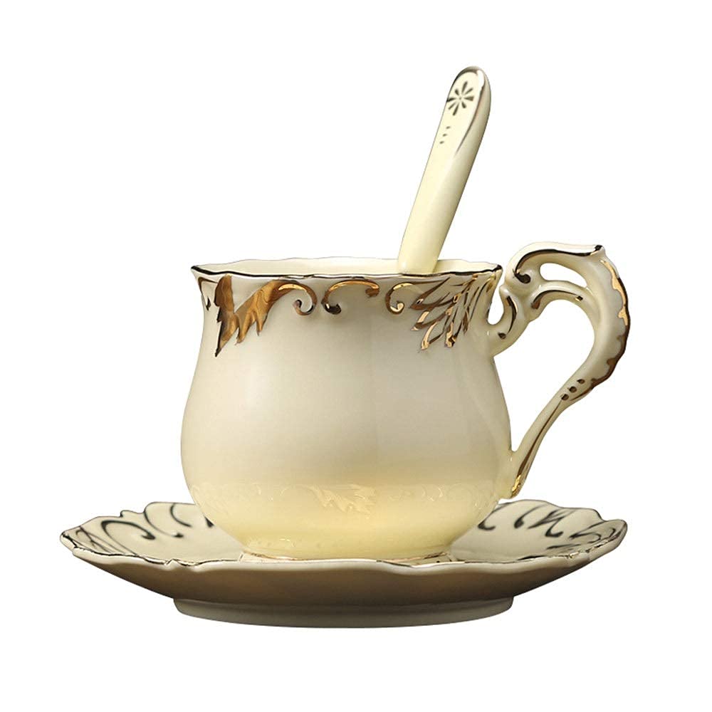 Premium Bone China Coffee Mug & Saucer Set with Gold Trim - Elegant Espresso, Latte & Cappuccino Cups for Home, Office & Restaurants - Perfect for Coffee Machines & Table Decor (Beige) - Ideal for Morning Brews, Afternoon Tea & Dinner Party Serving