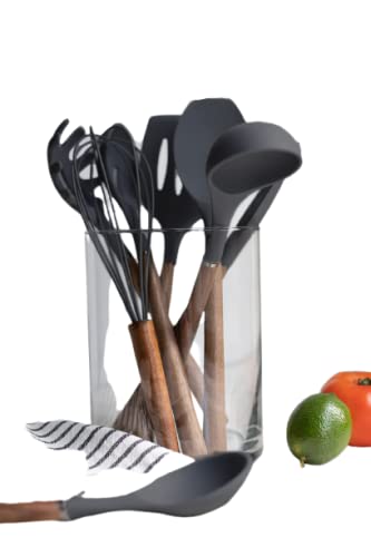 Silicone Cooking Utensils Set - 8 Pc Wooden Handle Kitchen Tools for Nonstick Cookware, Easy to Clean Spatulas & Kitchen Gadgets, Perfect for Baking, Frying, and Everyday Cooking - Black