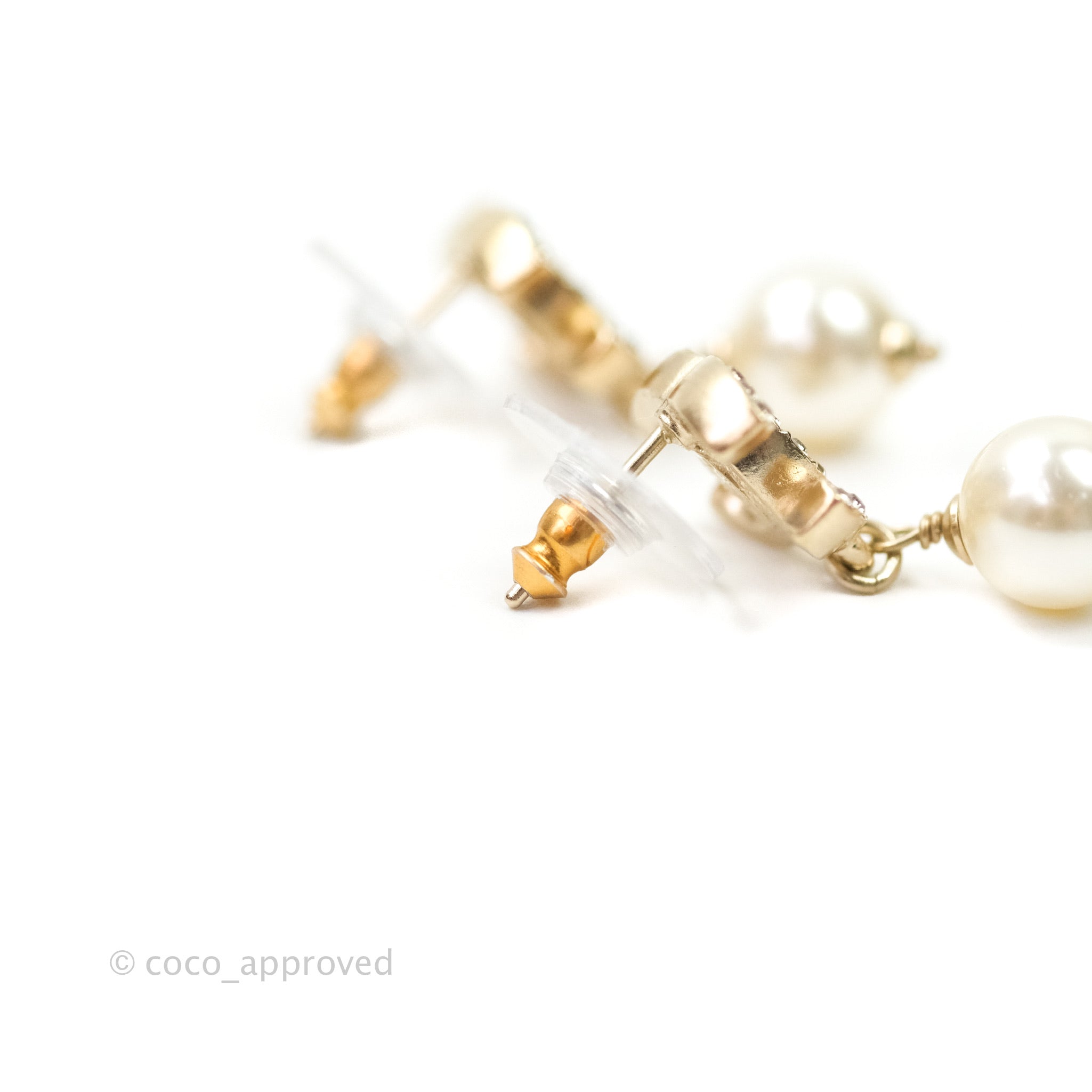 Chanel CC Rhinestone Pearl Drop Earrings in Gold Tone - Elegant Luxury Jewelry for Women | Perfect for Parties, Weddings & Special Occasions