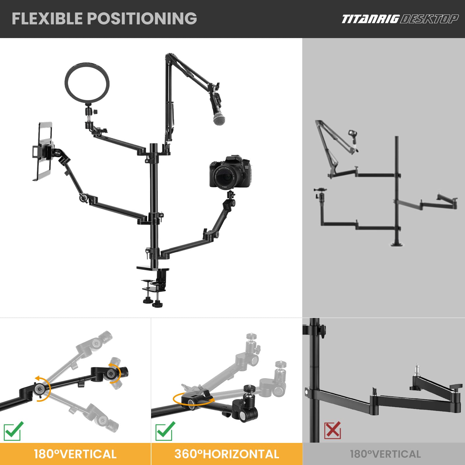 TARION 4-in-1 Adjustable Overhead Camera Arm Mount for Streaming - Desk Stand with Mic Boom & 3 Articulating Arms for DSLR Camera, Ring Light, Monitor & Laptop - Perfect for Live Streaming, YouTube Videos & Home Office Setup