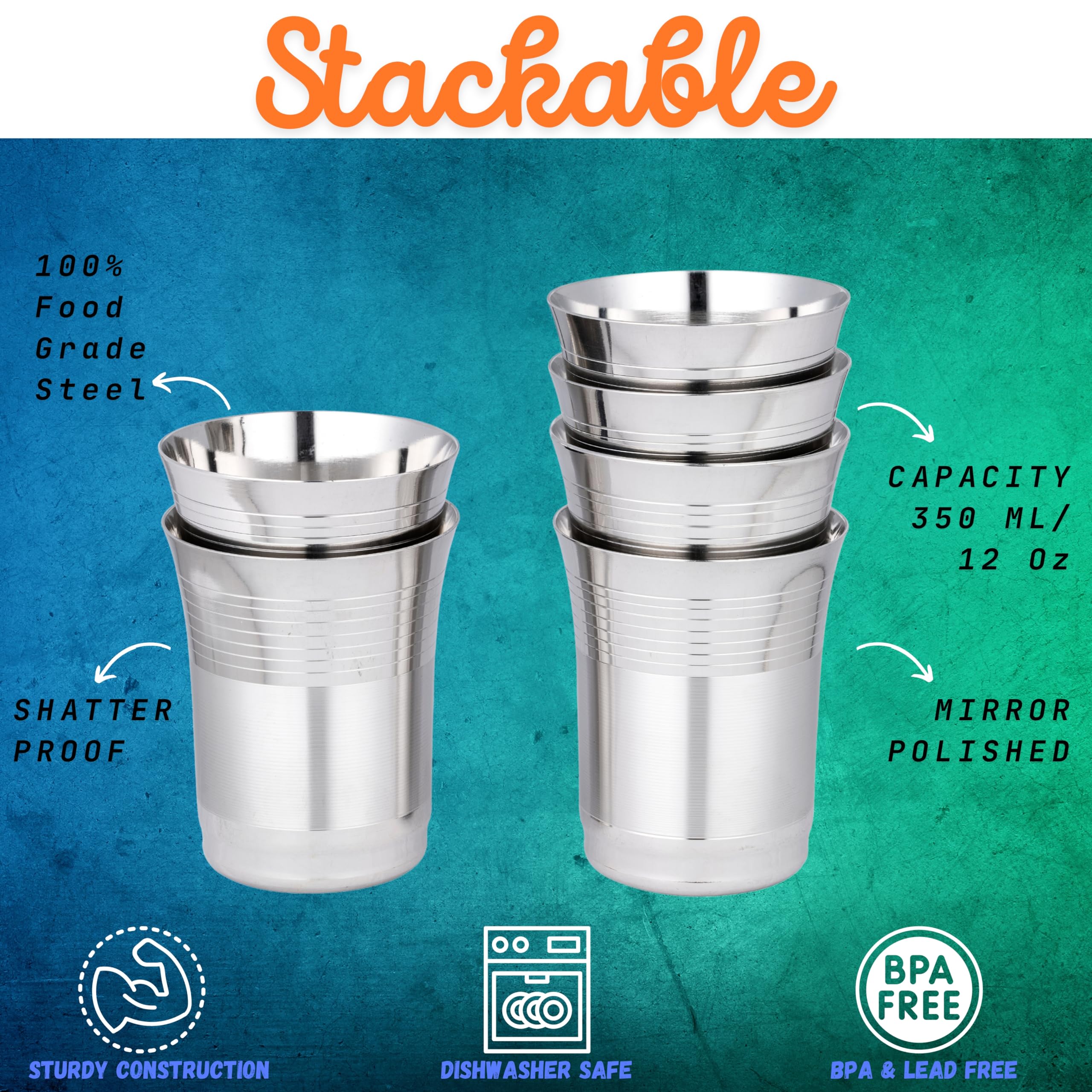 Premium 12 oz Stainless Steel Cups (6 Pack) - Mirror Finish Metal Drinking Glasses, BPA-Free Stackable Tumblers for Home, Kitchen, Restaurants & Outdoor Camping, Picnics, BBQs, and Parties