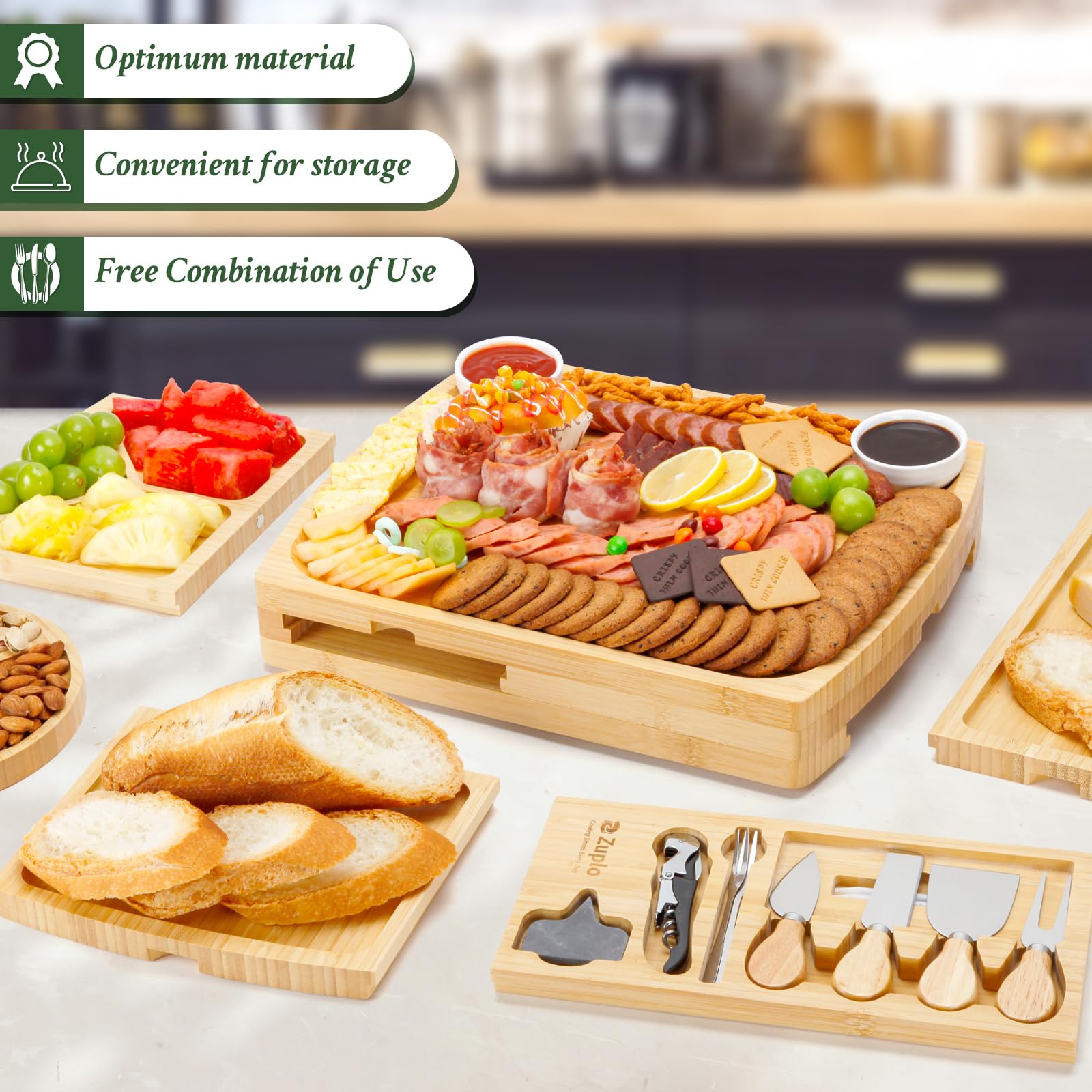 Premium Bamboo Charcuterie Board Set with Cheese Knives - Elegant Wooden Serving Tray for Entertaining, Housewarming Gifts, Weddings & Holidays (Christmas, Anniversary, Bridal Shower) - Perfect for Movie Nights, Wine Tasting & Charcuterie Parties