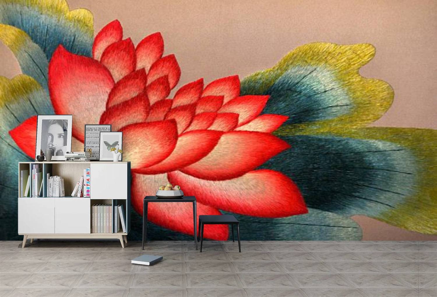 Peel and Stick Removable PVC Wallpaper - Blossoming Lotus Flower Design with Red Flowers for Living Room & Bedroom Wall Decor | Self-Adhesive Wall Mural Sticker | Perfect for Home Renovation, Dorm Decor, and Rental Apartment Makeovers