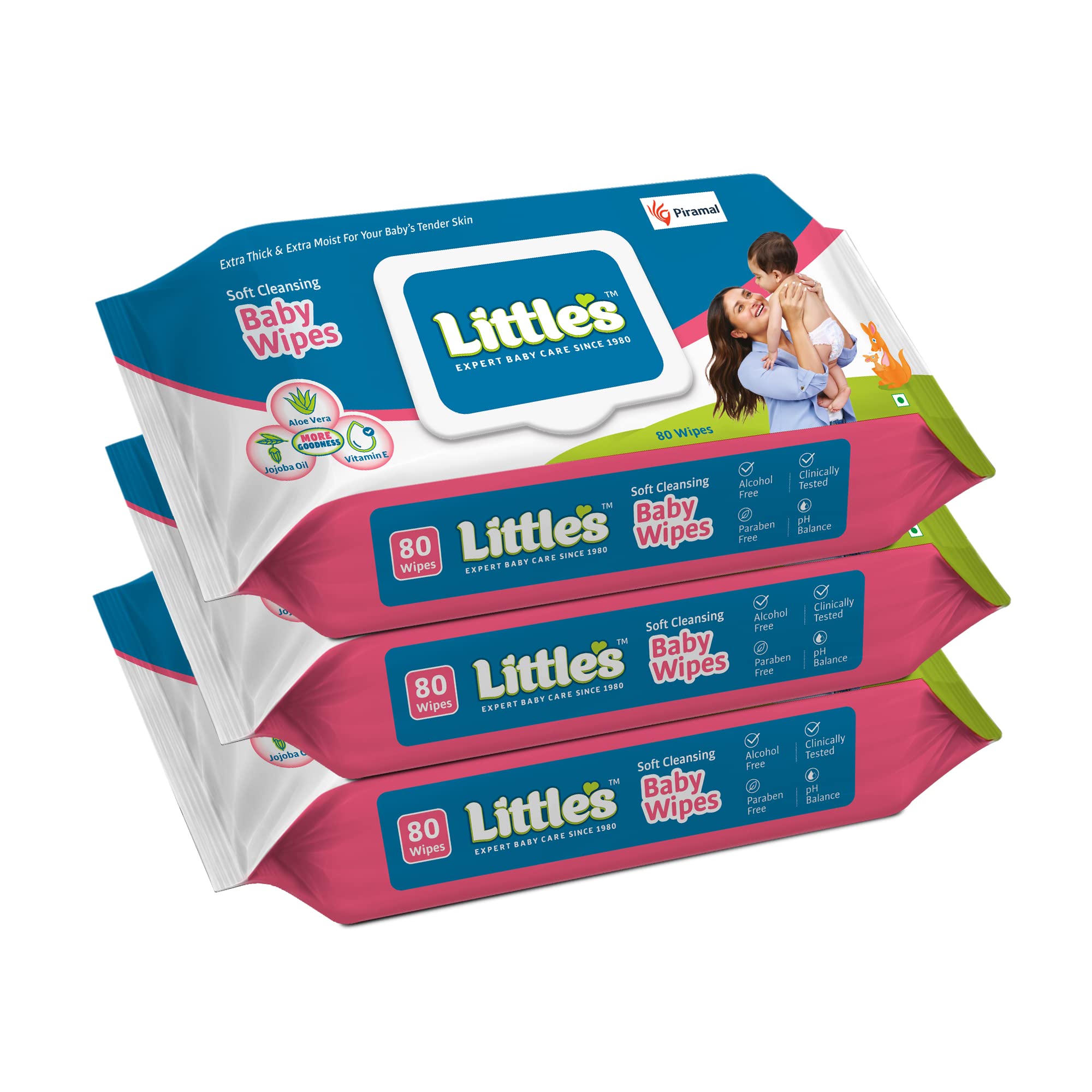Little's Soft Cleansing Baby Wipes with Lid | 240 Count (3 Packs of 80) | Extra Thick & Moist Hypoallergenic Wipes for Sensitive Skin | Enriched with Aloe Vera, Vitamin E & Jojoba Oil to Prevent Diaper Rash | Perfect for Diaper Changes, On-the-Go Cleaning & Baby Care Essentials