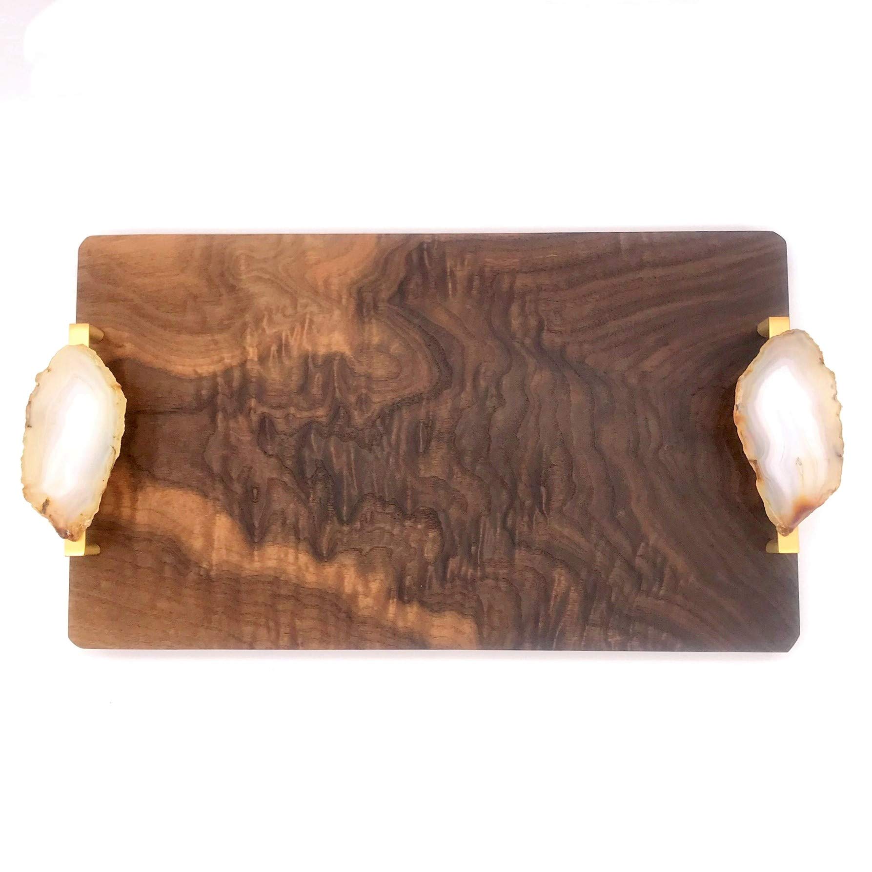 Premium Solid Walnut Wood Serving Tray - Natural Agate Handle Cheese Board & Charcuterie Platter for Entertaining, Wedding Gifts, and Kitchen Decor
