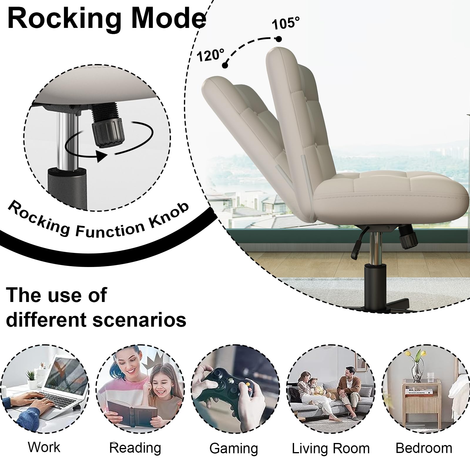 White PU Leather Swivel Office Chair with Wheels - Adjustable Height Criss Cross Leg Design Armless Computer Desk Chair for Home Office, Perfect for Working, Gaming & Vanity Dressing