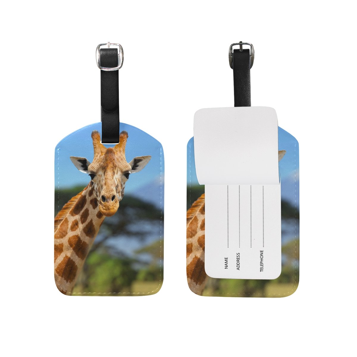 Stylish African Giraffe PU Leather Luggage Tag - Durable Suitcase Label for Travel Bags - Perfect for Airports, Vacations & Business Trips