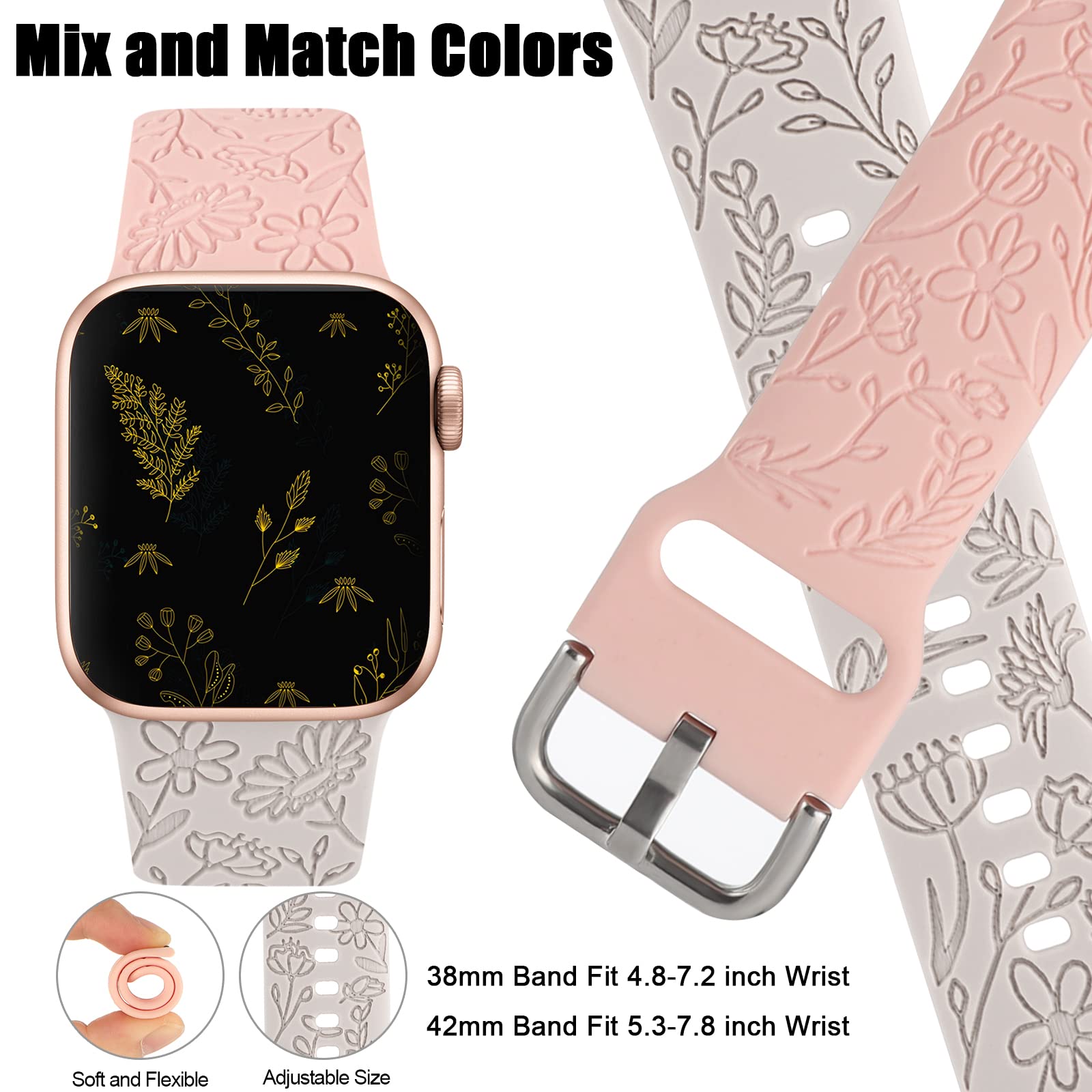 2 Pack Floral Engraved Sport Band for Apple Watch 38mm 40mm 41mm - Soft Silicone Replacement Strap Compatible with iWatch Series 8/7/6/5/4/3/2/1/SE - Women's Fashion Accessory for Workout, Running & Daily Wear