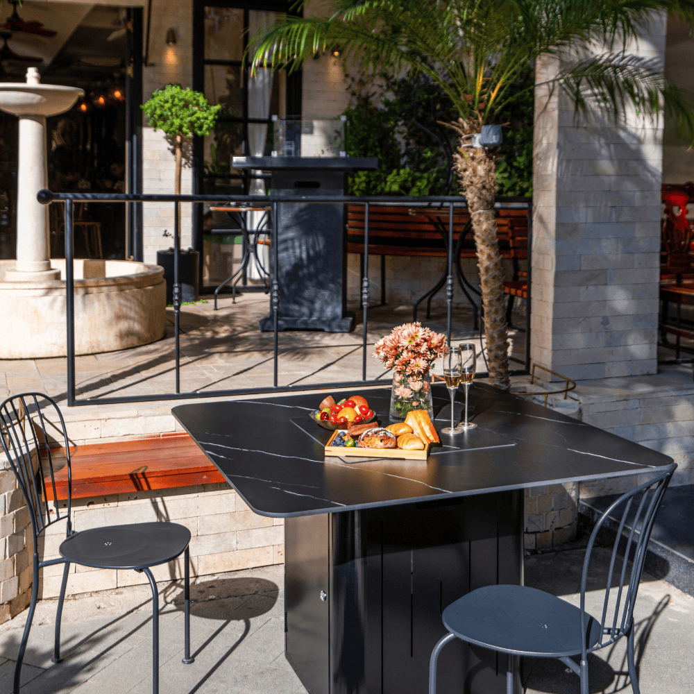 Brugge Marble Porcelain Outdoor Dining Table with Fire Pit - Weatherproof Patio Furniture for Backyard, Garden, Poolside Dining & Entertaining