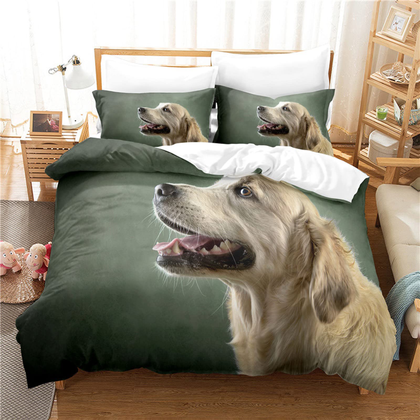 Green Golden Retriever Twin Comforter Set - 110g/㎡ Microfiber Duvet Cover with Zipper & 1 Pillowcase (20