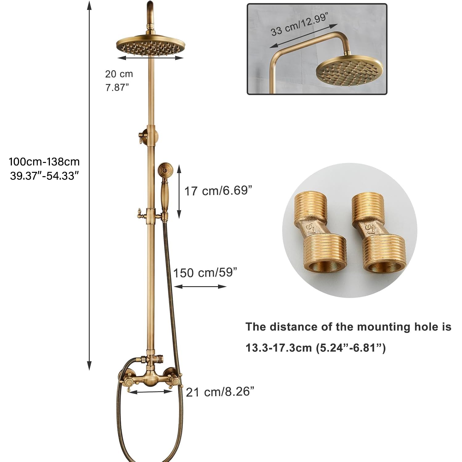 Antique Brass Shower System - 8 Inch Rainfall Shower Head & Handheld Spray - Wall Mounted Bathroom Faucet Set with 2 Cross Handles - Solid Brass Construction - Perfect for Outdoor Showers, Master Bathrooms & Spa-Like Experiences