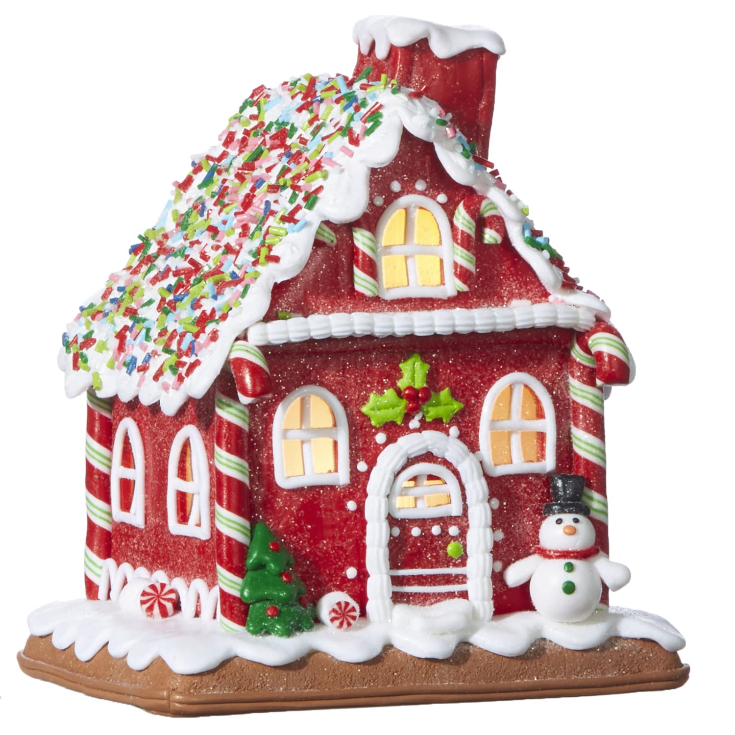 7-Inch LED Lighted Red Faux Gingerbread House with Peppermint Candy & Sprinkles - Christmas Village Decor for Mantel, Tabletop, Desk - Perfect for Holiday Home Decoration, Gift Giving & Festive Party Centerpiece