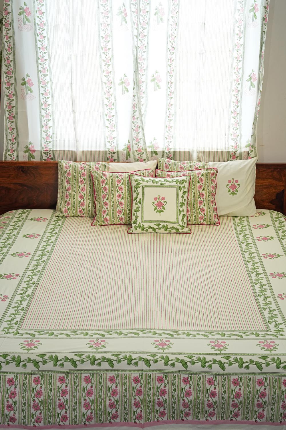 Serene Garden Hand Block Printed Cotton Percale Bedsheet - Premium 100% Cotton Bedding Set for Home Decor & Comfort - Perfect for Master Bedroom, Guest Room & Vacation Homes