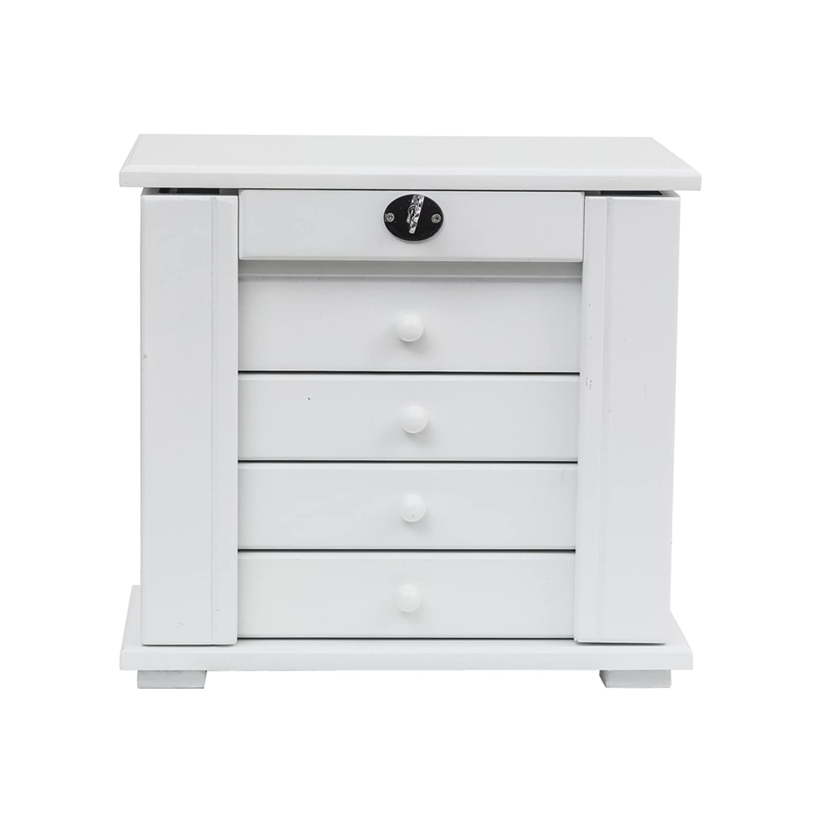 Trlec Wooden Jewelry Box Organizer - 5 Layer Jewelry Storage Case with 4 Drawers & 2 Side Swing Doors, White - Perfect for Necklace, Ring, Earring & Bracelet Organization in Bedroom, Closet or Vanity