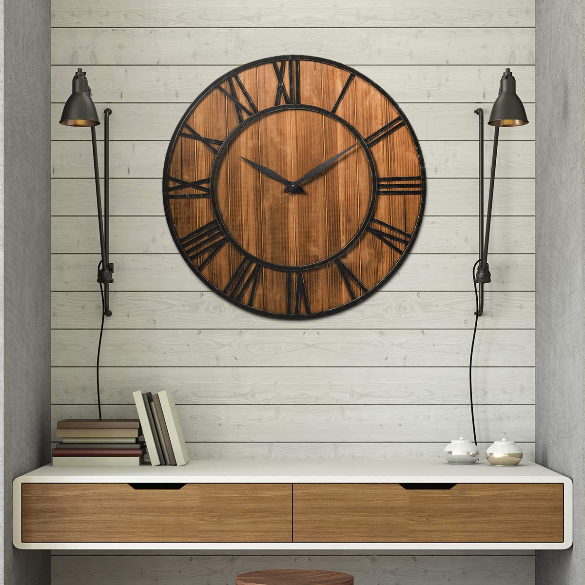 Tangkula 27.5 Inch Round Wall Clock - Farmhouse Large Wall Clock with Roman Numerals, Decorative Wooden Clock for Home & Office - Rustic Bronze Brown Wall Clock with AA Battery Included - Perfect for Living Room, Bedroom, Kitchen Decor