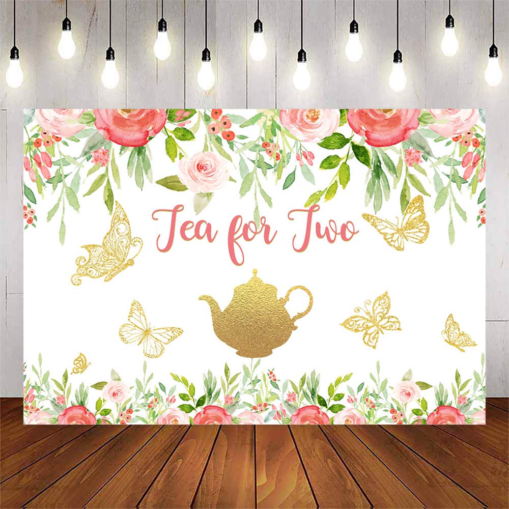 Floral Tea Party Backdrop - Avezano Tea for Two Birthday Photo Background with Spring Butterfly Flowers, 5x3ft - Perfect for Baby Showers, Bridal Showers & Garden Party Decorations