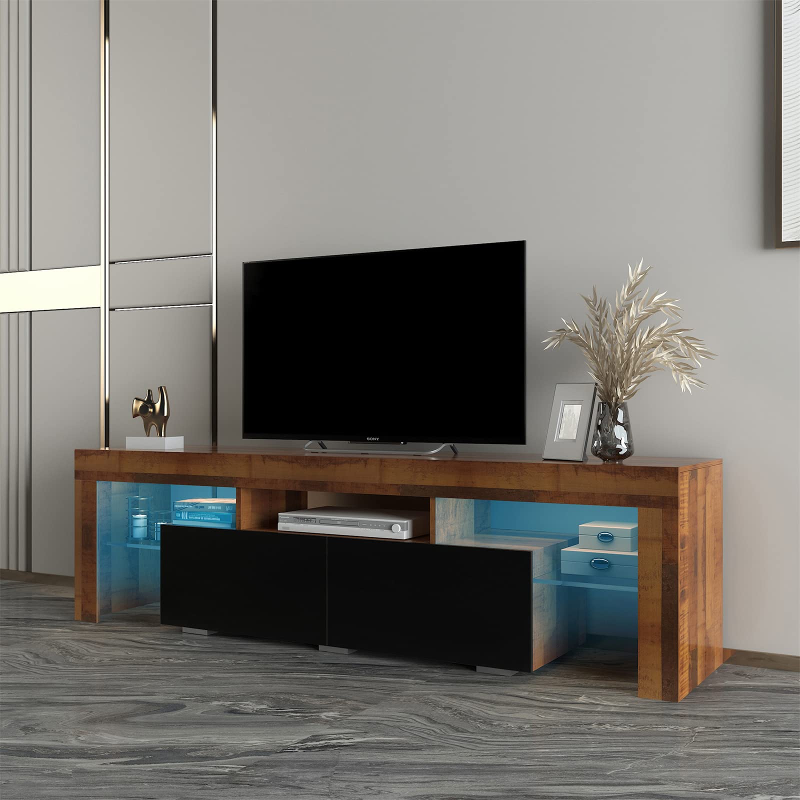Modern TV Stand with LED Lights - 16 Color Modes, 2 Drawers & 2 Glass Shelves - Wooden Entertainment Center Media Console for Living Room (Brown) - Perfect for Home Theater & Family Entertainment
