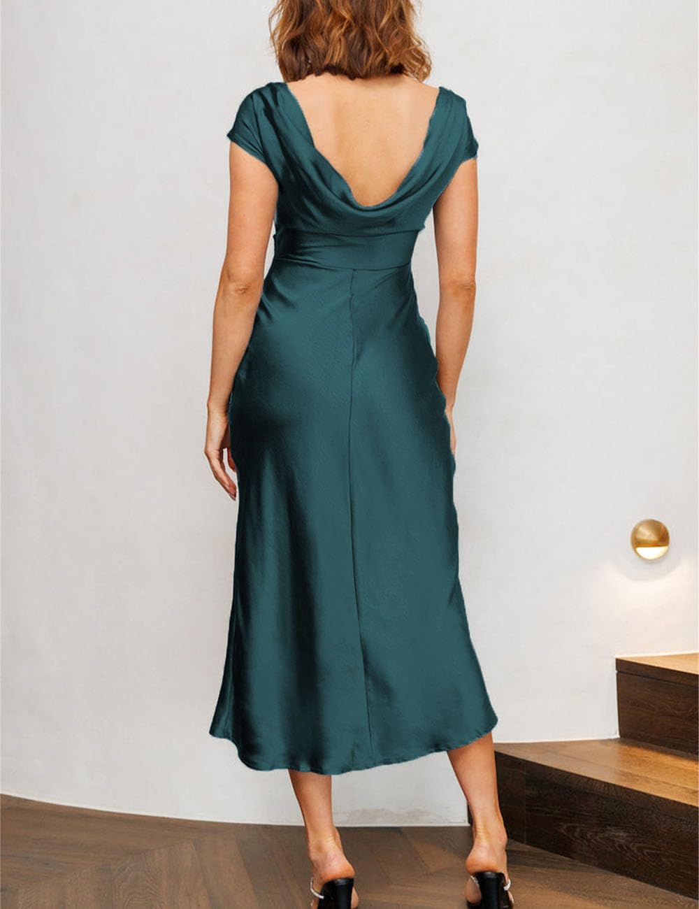 2025 Women's Satin Cap Sleeve Cowl Back Summer Dress - Elegant Ruched Waist Midi Dress for Wedding Guest, Party & Special Occasions