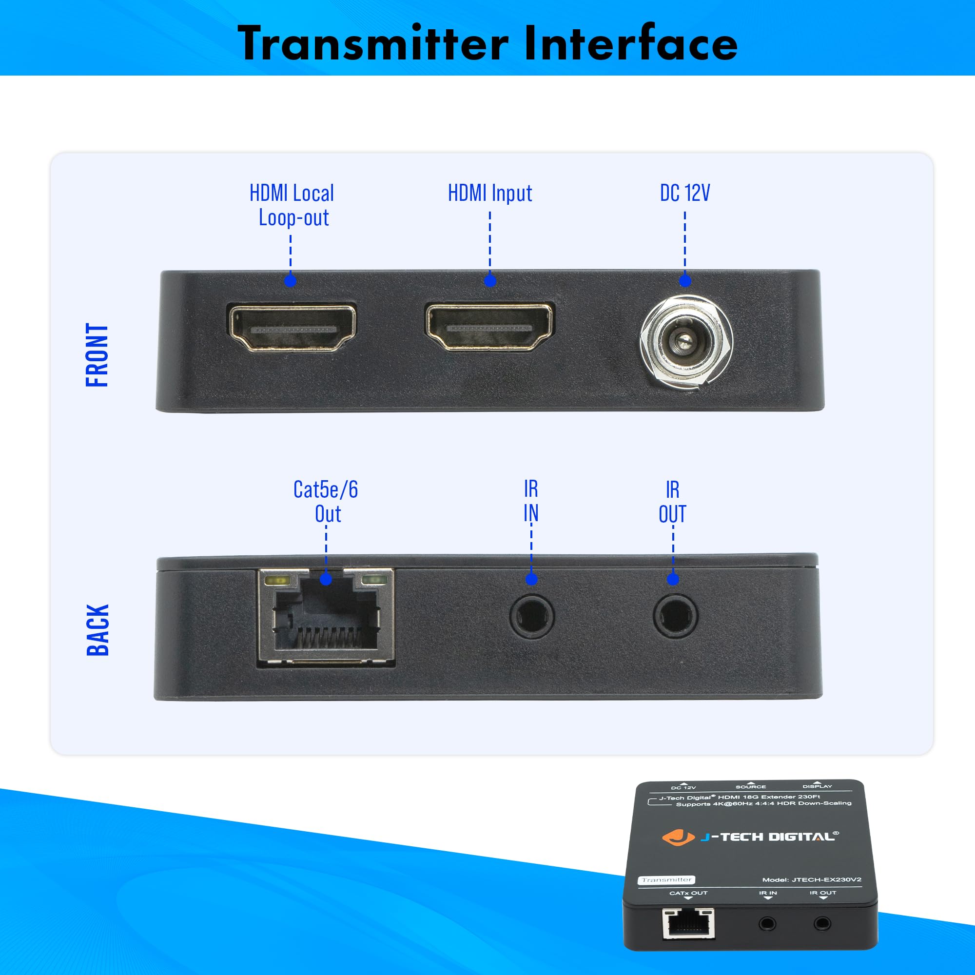 J-Tech Digital HDMI Extender 4K 60Hz Over Cat5e/6 Ethernet Cable - 230ft Range with 4K Downscaling, HDMI Loop Out, PoC, HDR & Bi-Directional IR [JTECH-EX230V2] - Perfect for Home Theater, Conference Rooms & Long-Distance AV Setups