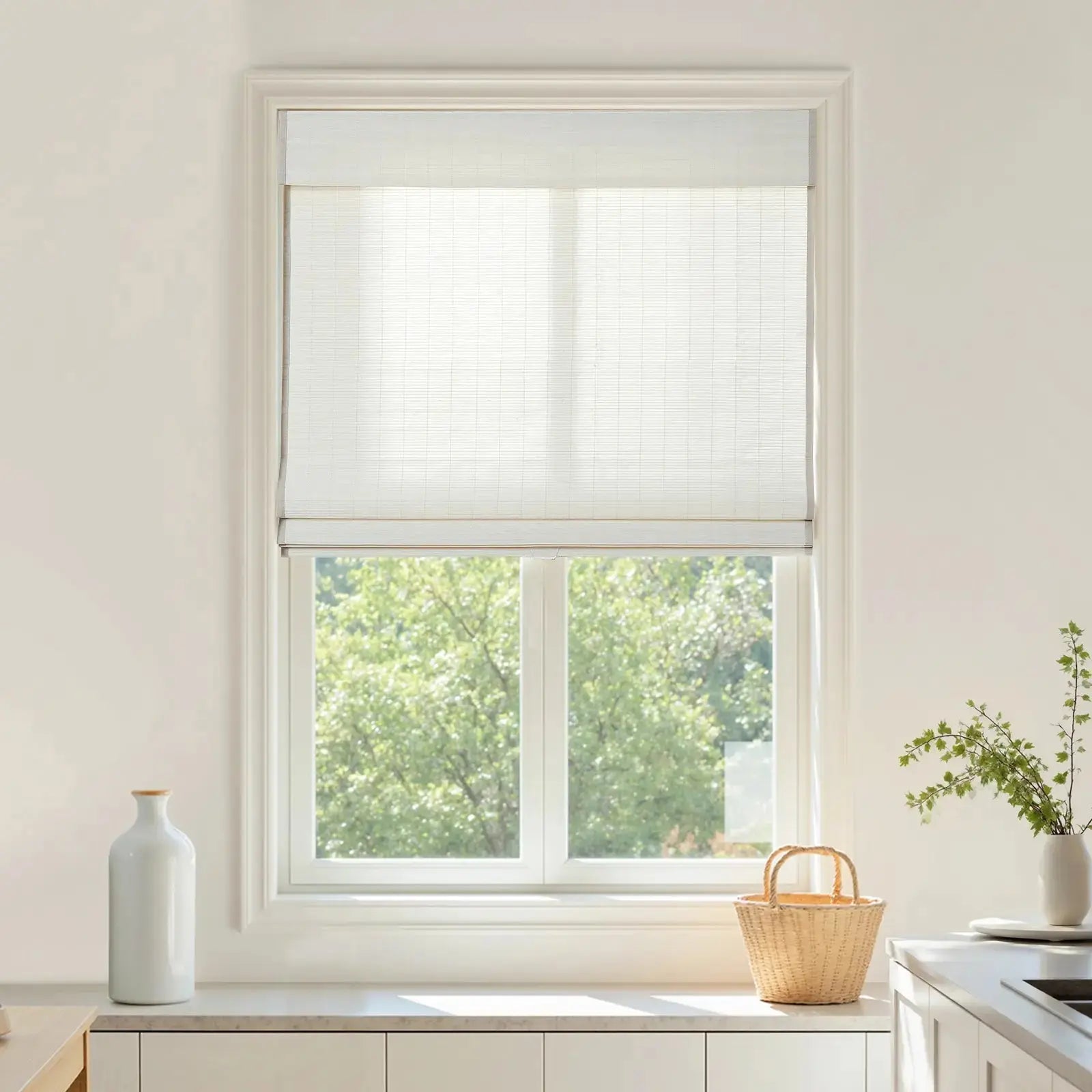 Natural Flax Bamboo Woven Window Shade - Eggshell White | Eco-Friendly Light Filtering Roman Shades for Living Room & Bedroom
