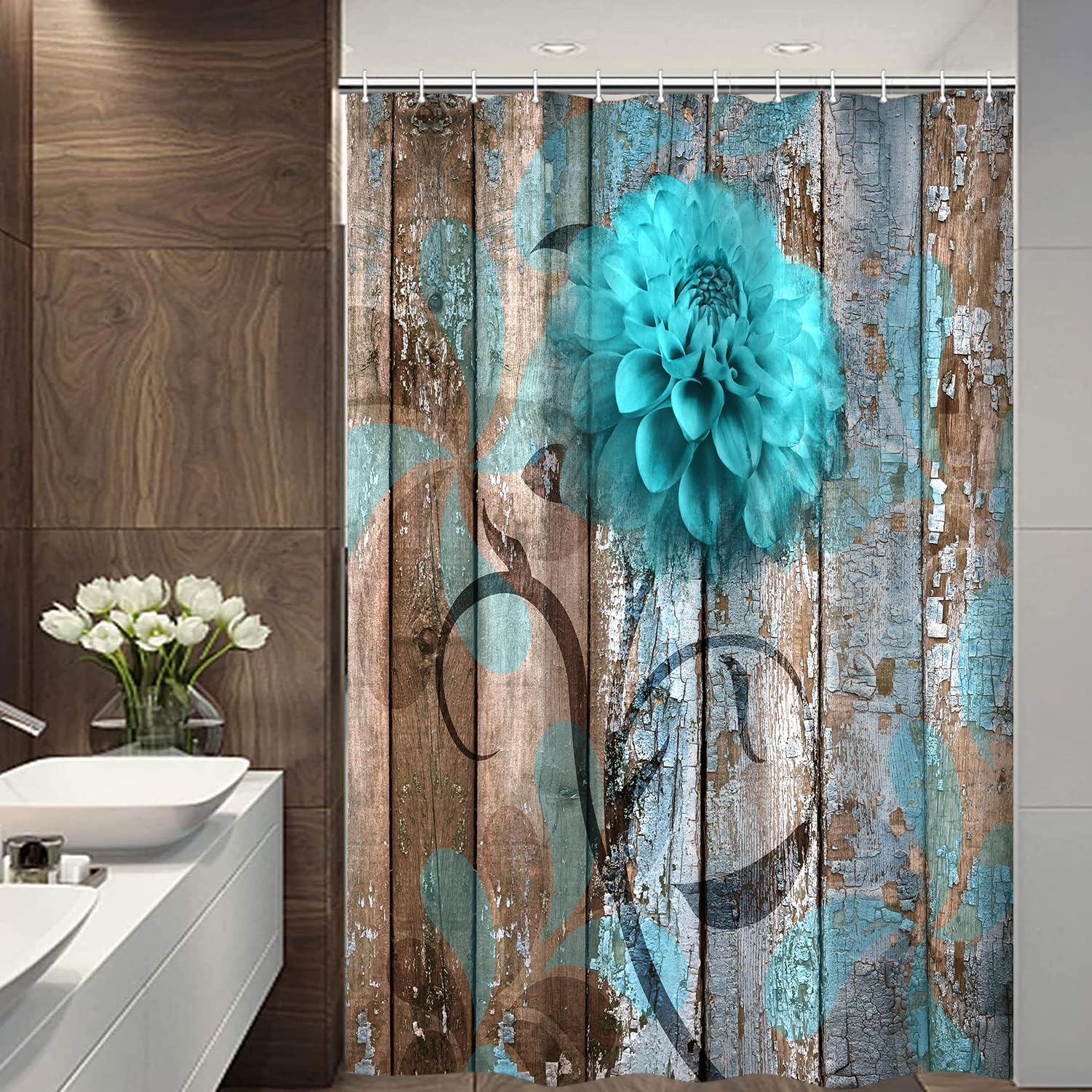JAWO Teal Dahlia Small Shower Curtain - Rustic Wooden Plank Country Style Bathroom Decor with Waterproof Fabric & Hooks (36x72 inches) for Vintage Farmhouse, Cottage, or Boho Chic Bathrooms
