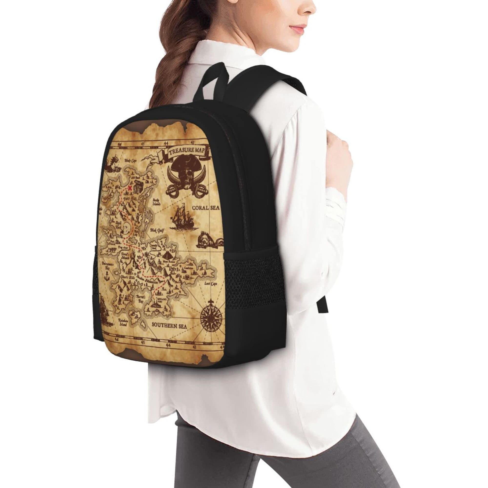 17 Inch Large Capacity Laptop Backpack with Side Pockets - Pirate Treasure Map Design Funny Travel Daypack for School, Work & Outdoor Adventures - Durable Cartoon Bookbag Rucksack for Men & Women
