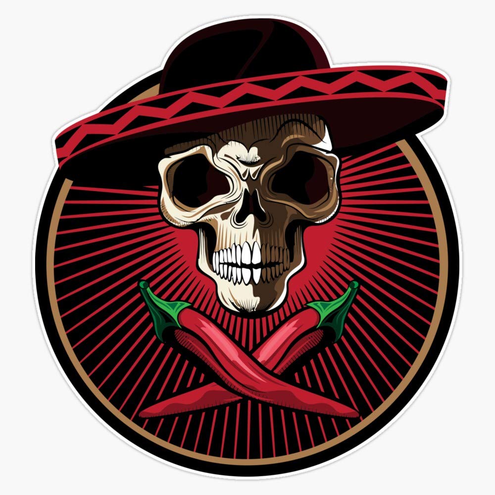 Funny Mexican Skull with Chili Vinyl Bumper Sticker - 5 Inch Waterproof Decal for Cars, Laptops & Coolers - Día de Muertos Day of the Dead Decor