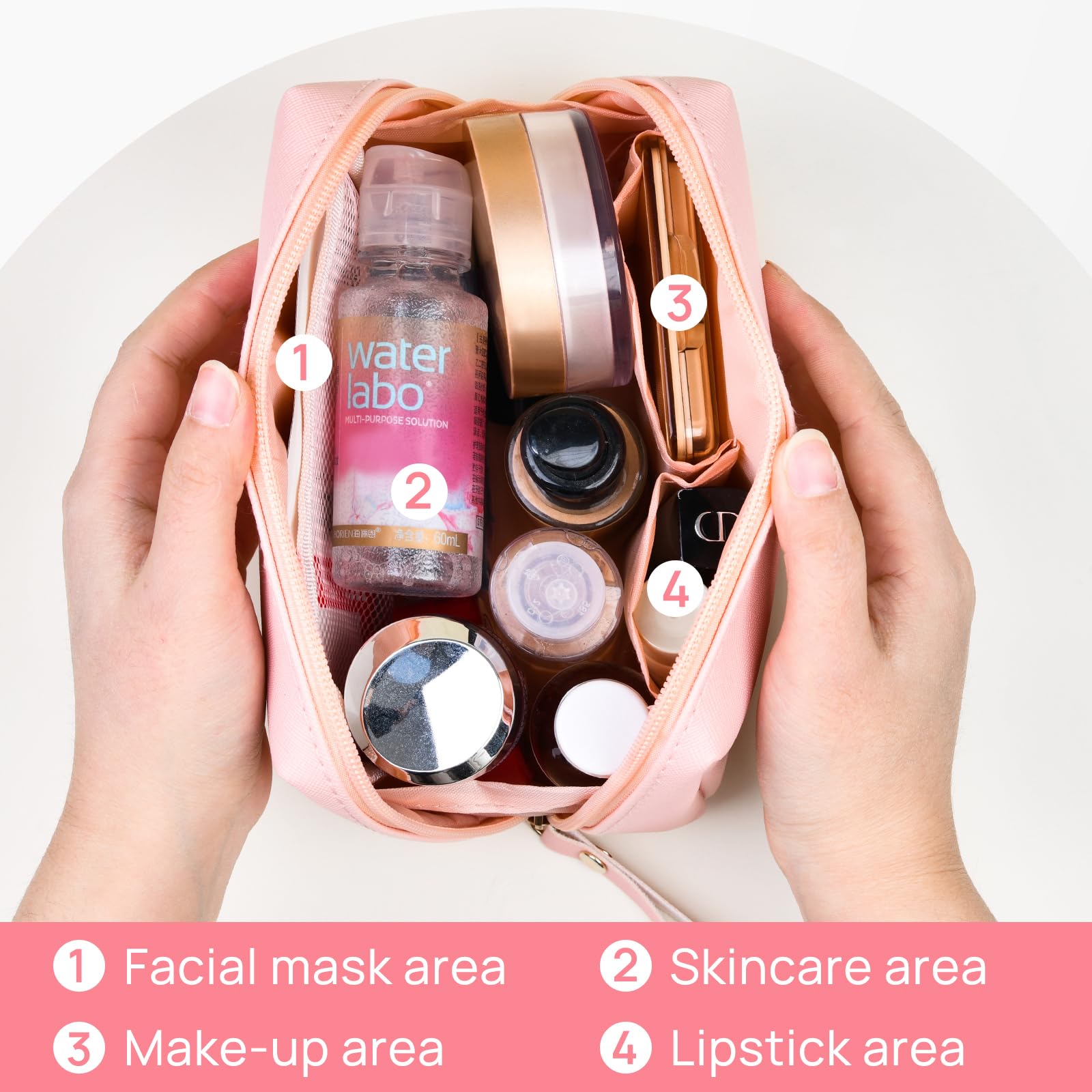 Topwey Waterproof Makeup Bag for Women - Small Pink Travel Cosmetic Organizer with Divider, Portable Toiletry Pouch | Perfect for Vacation, Gym & Daily Essentials Storage