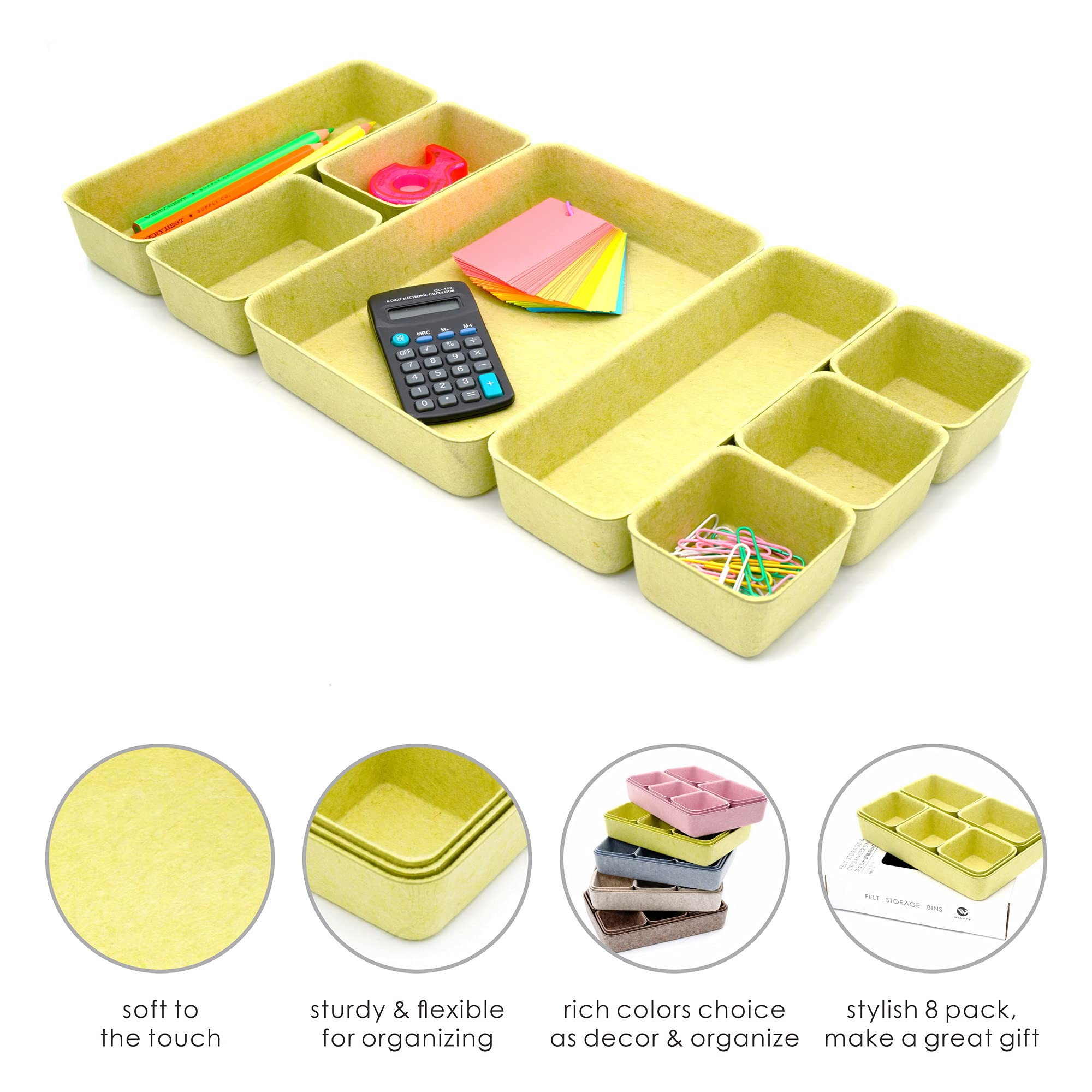 Welaxy 8-Piece Felt Drawer Organizer Trays - Natural Shallow Storage Bins with Dividers for Office Desk, Nordic Style in Morandi Linden Green | Perfect for Home Organization, Closet & Office Supplies Storage