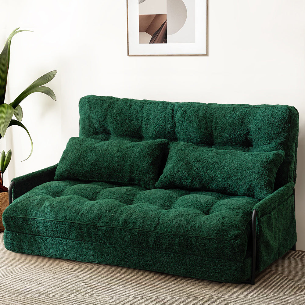 MAXYOYO Adjustable Floor Sofa Couch with 2 Pillows - Boucle Convertible Lazy Sofa Sleeper Bed with Armrest - Double Size Green Sectional for Living Room, Bedroom & Small Spaces