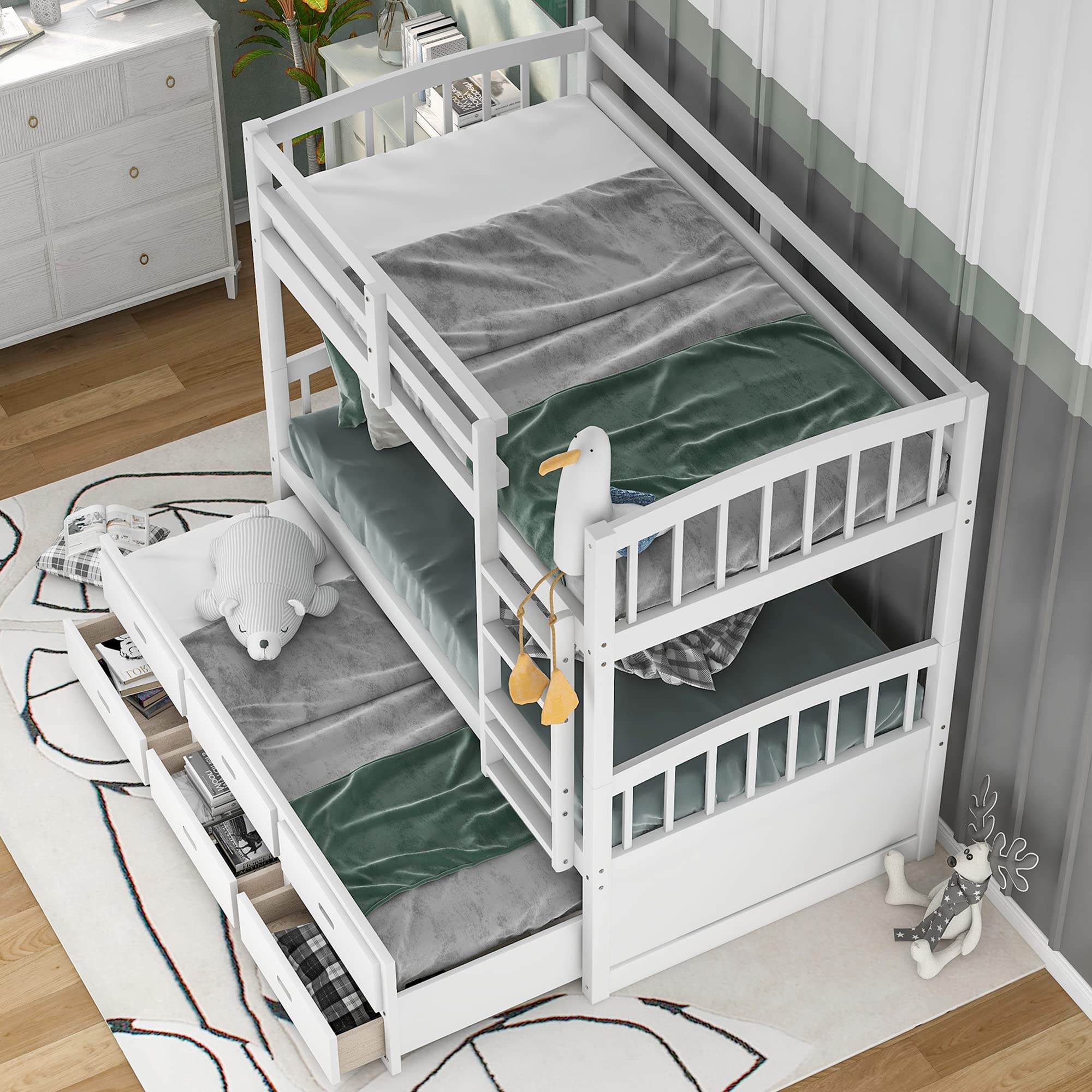 P PURLOVE Twin Over Twin Bunk Bed with Trundle & Storage Drawers - Solid Wood Bunk Beds Convertible to 2 Twin Daybeds | Space-Saving Kids Bedroom Furniture for Small Rooms, Guest Rooms & Vacation Homes