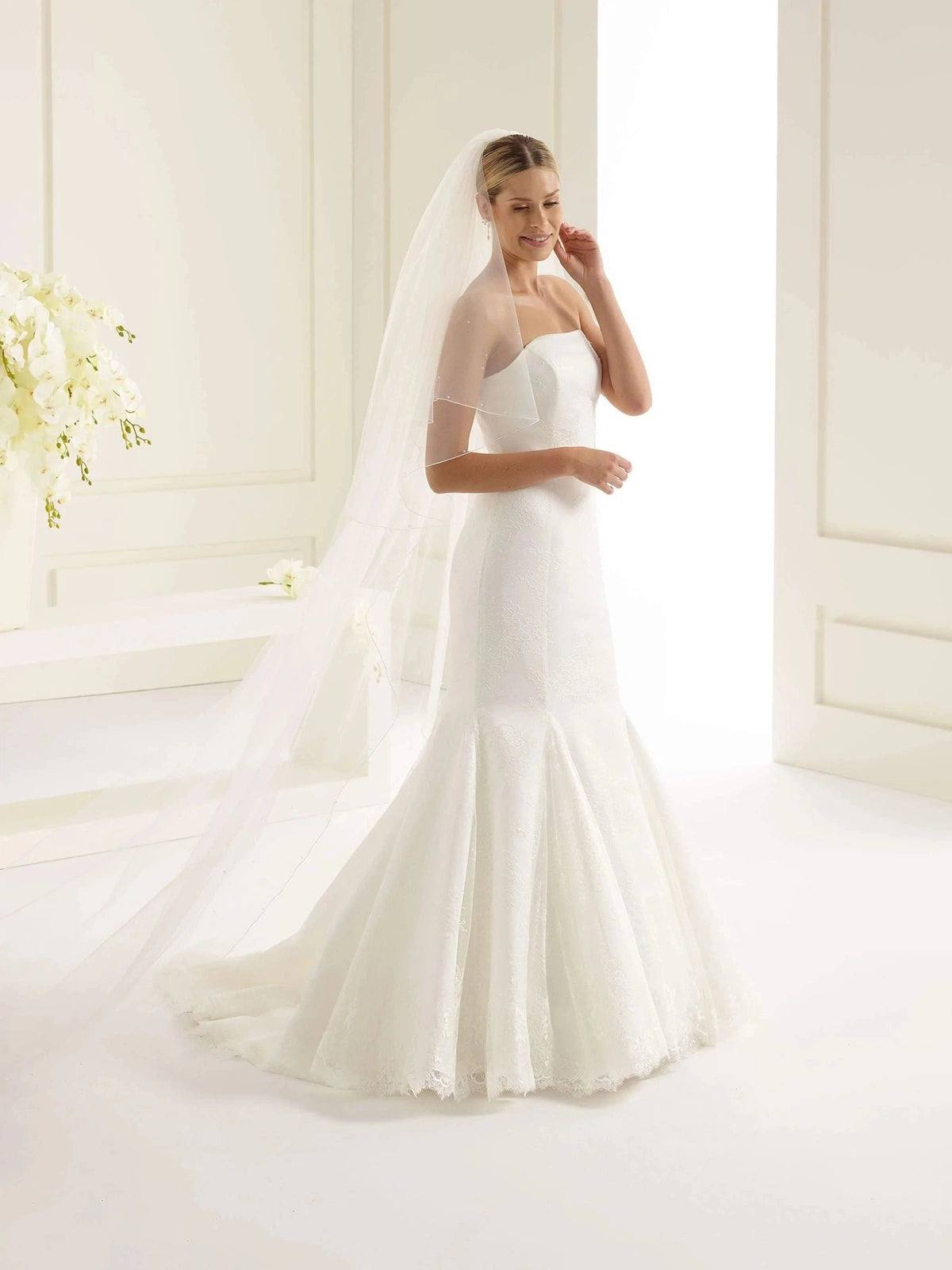 Bianco Evento Cathedral Length Two Tier Wedding Veil with Corded Edge & Crystals - Ivory Tulle Bridal Veil (Style S144S) for Traditional Church Weddings and Formal Bridal Looks