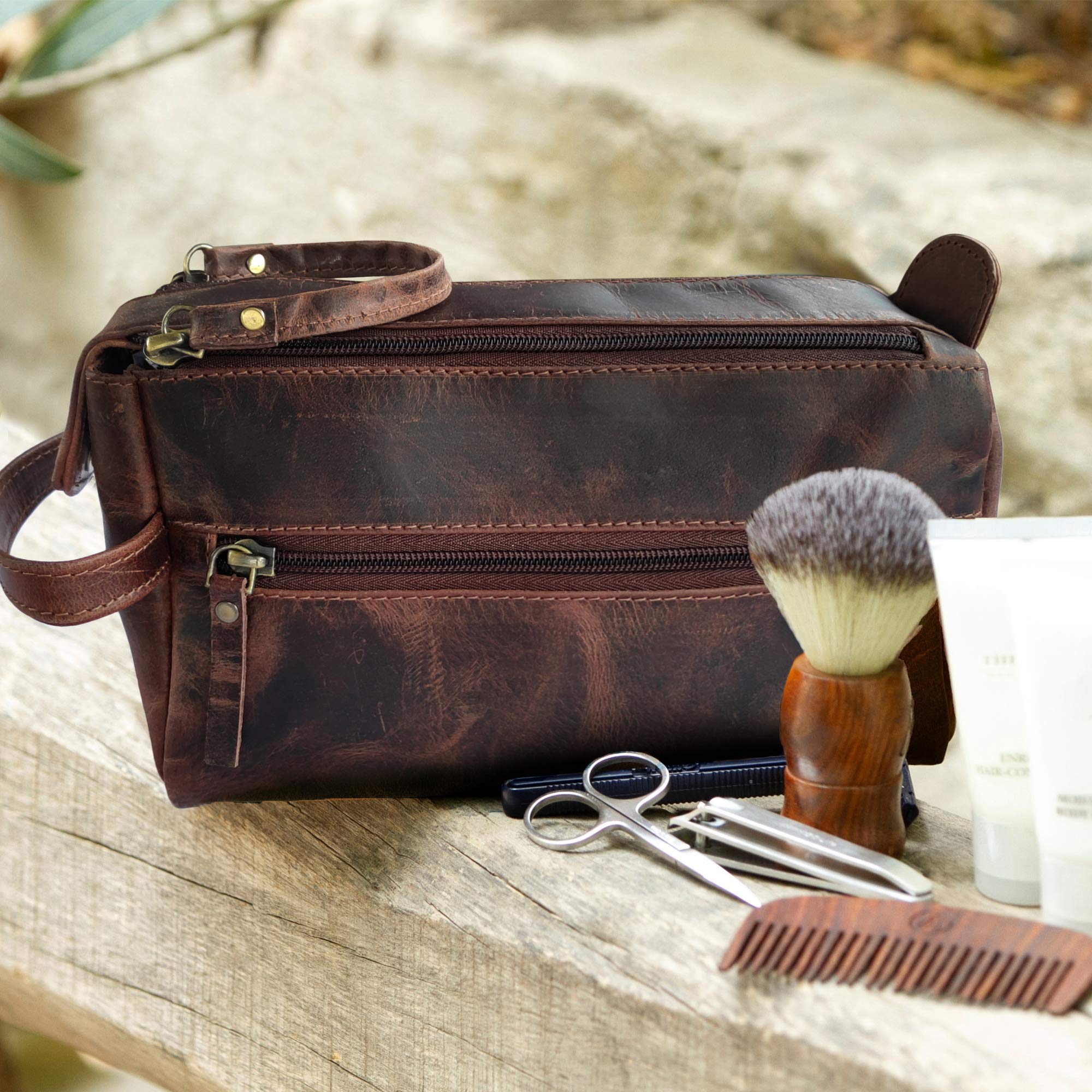 RUSTIC TOWN Genuine Leather Toiletry Bag Set - Handmade Top Grain Leather Travel Organizer for Men & Women | Perfect Gift for Business Trips, Camping & Vacation Essentials