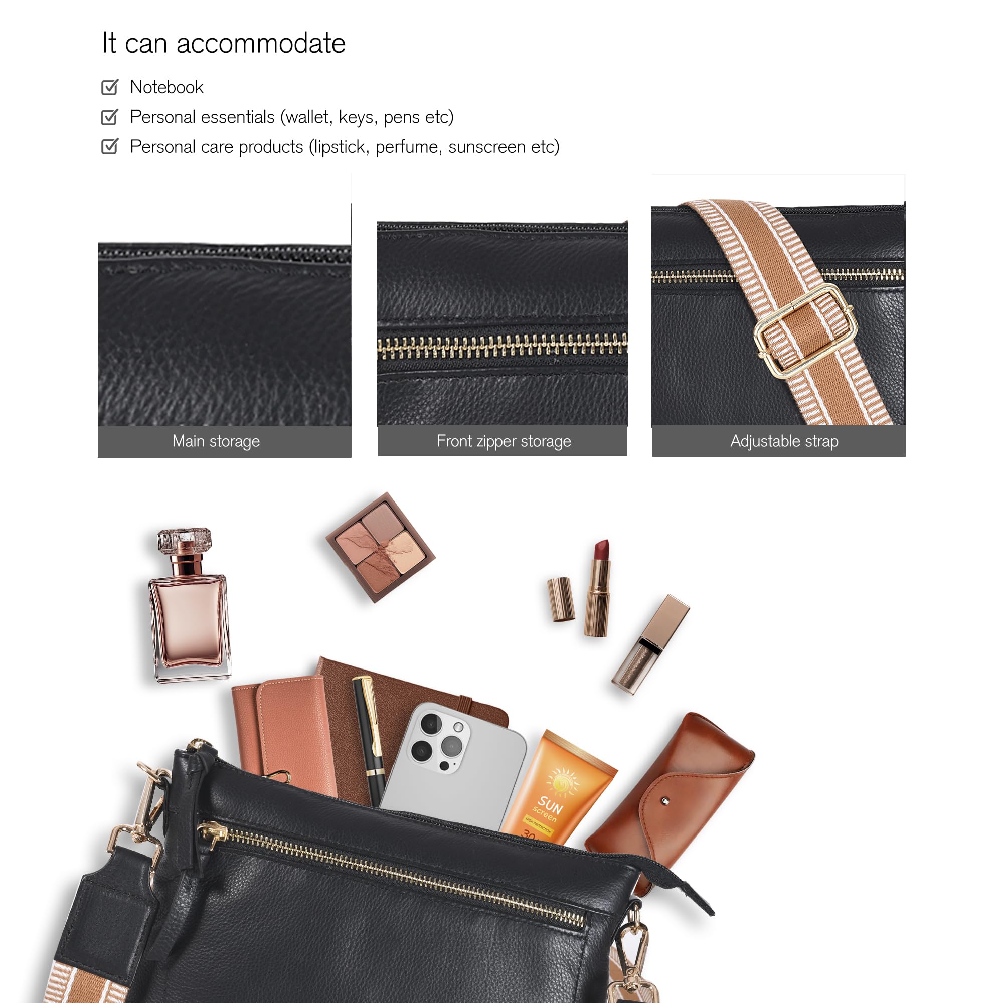 Genuine Leather Crossbody Bag for Women - Adjustable Wide Strap Small Shoulder Purse | Perfect for Everyday Use, Travel & Shopping