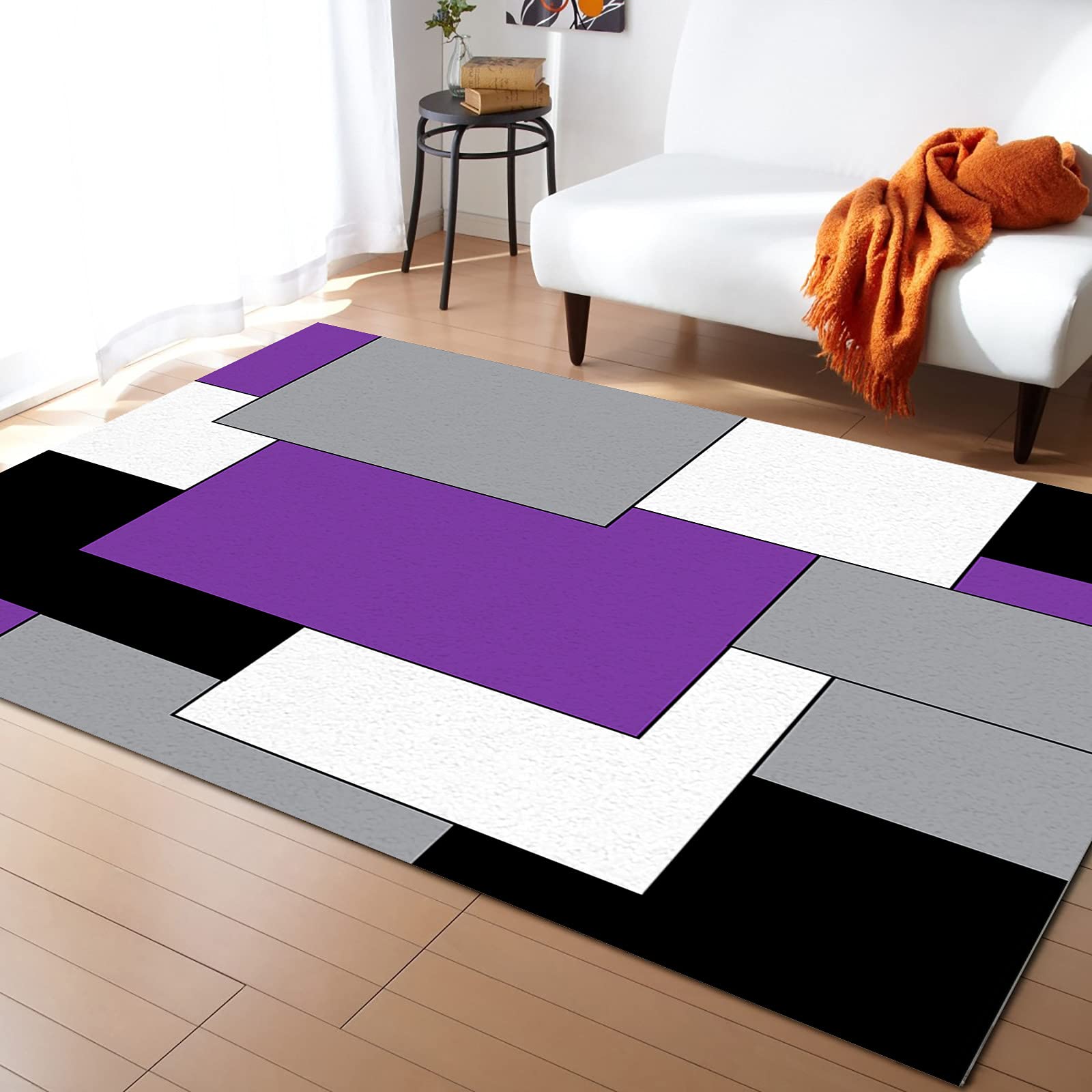 Modern Abstract Geometric Area Rug 5x8 ft - Non-Slip Rubber Backing, Purple Black Gray Color Block Design - Contemporary Indoor Floor Mat for Living Room, Entryway, Bedroom & Office Decor