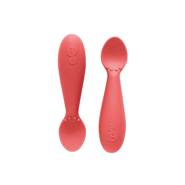 ezpz Tiny Spoon 2-Pack - Coral Color Baby Feeding Utensils for Toddlers | Perfect for First Foods, Baby-Led Weaning & On-the-Go Meals