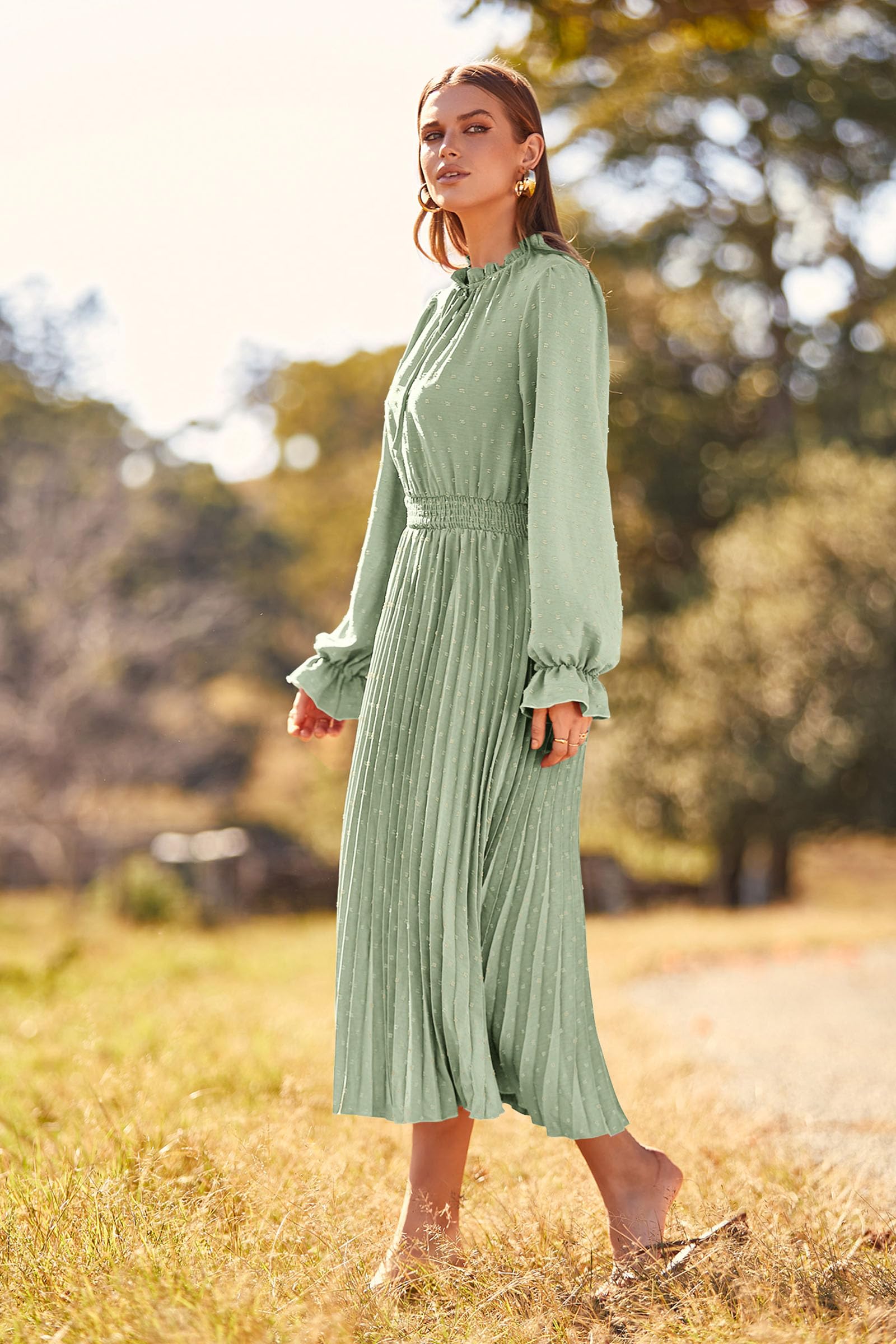 PRETTYGARDEN Women's 2025 Spring Fall Midi Dress - Long Sleeve V-Neck Swiss Dot Pleated A-Line Flowy Casual Dress for Work, Date Night & Special Occasions