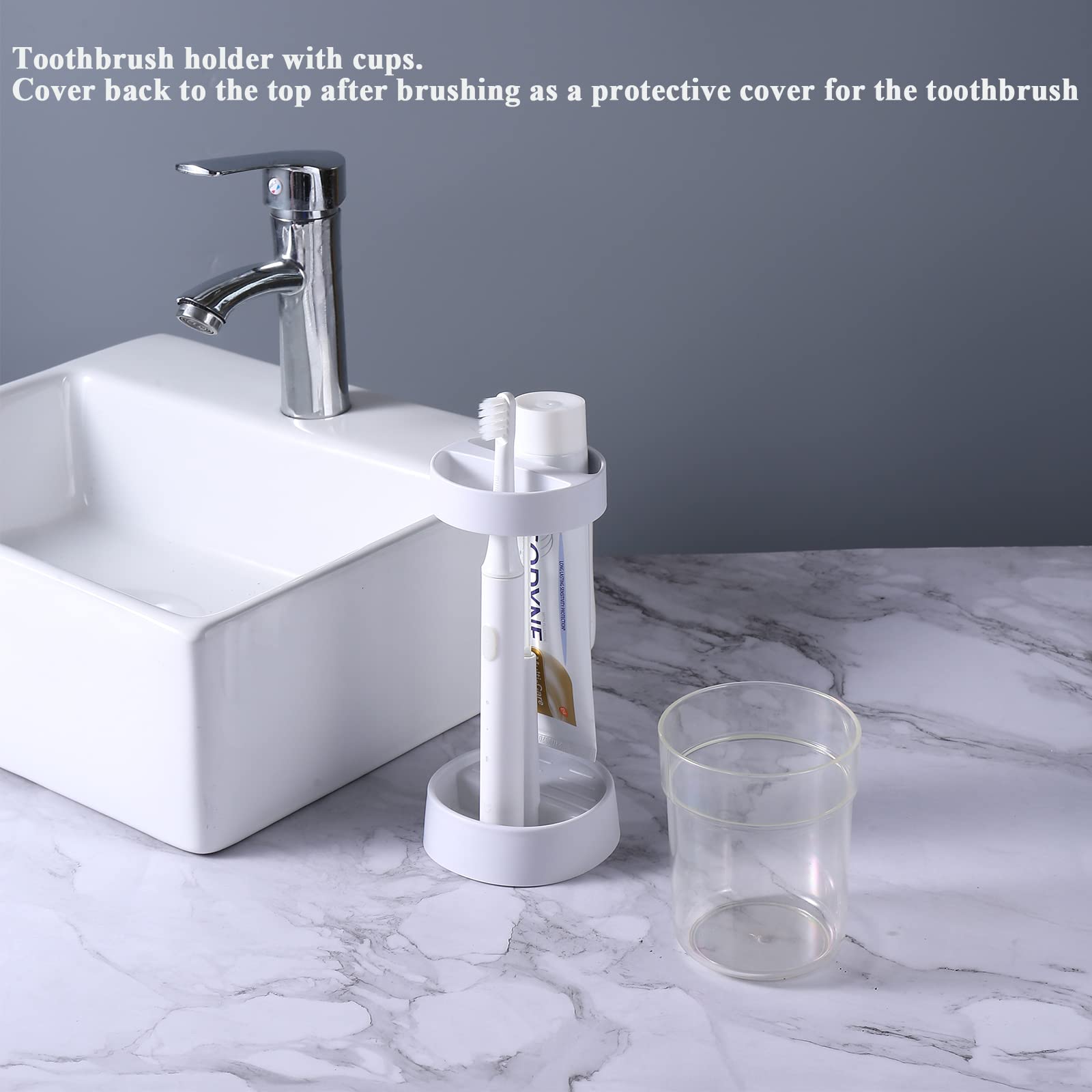 Meiloi Toothbrush Holder with Cup & Cover - 2 Slots for Electric & Regular Toothbrushes, Toothpaste Storage | Bathroom Organizer for Countertop, Sink, or Travel
