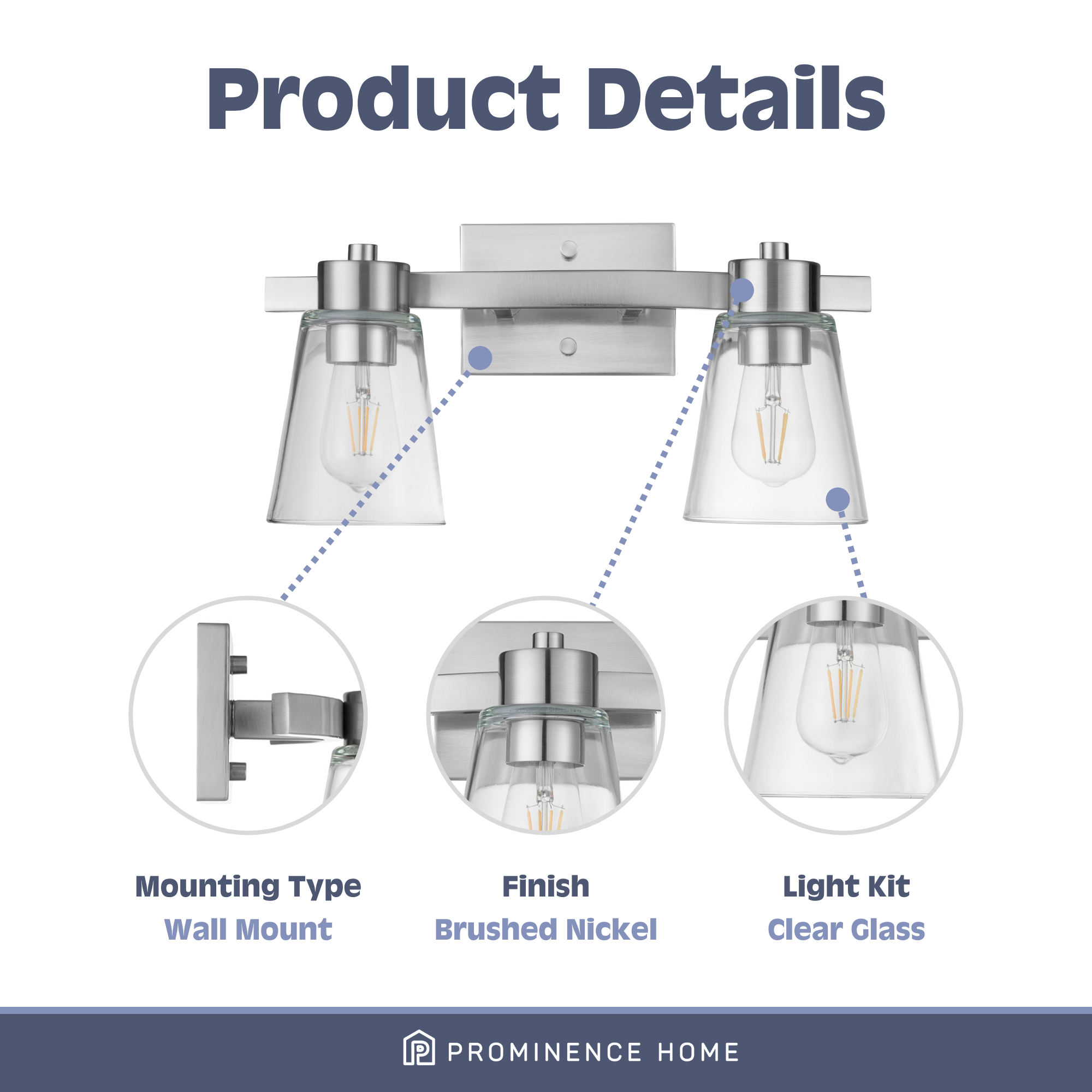 Fairendale 2-Light Vanity Light Fixture with Clear Glass Shades in Brushed Nickel Finish - Perfect for Bathroom, Bedroom, or Dressing Room Lighting
