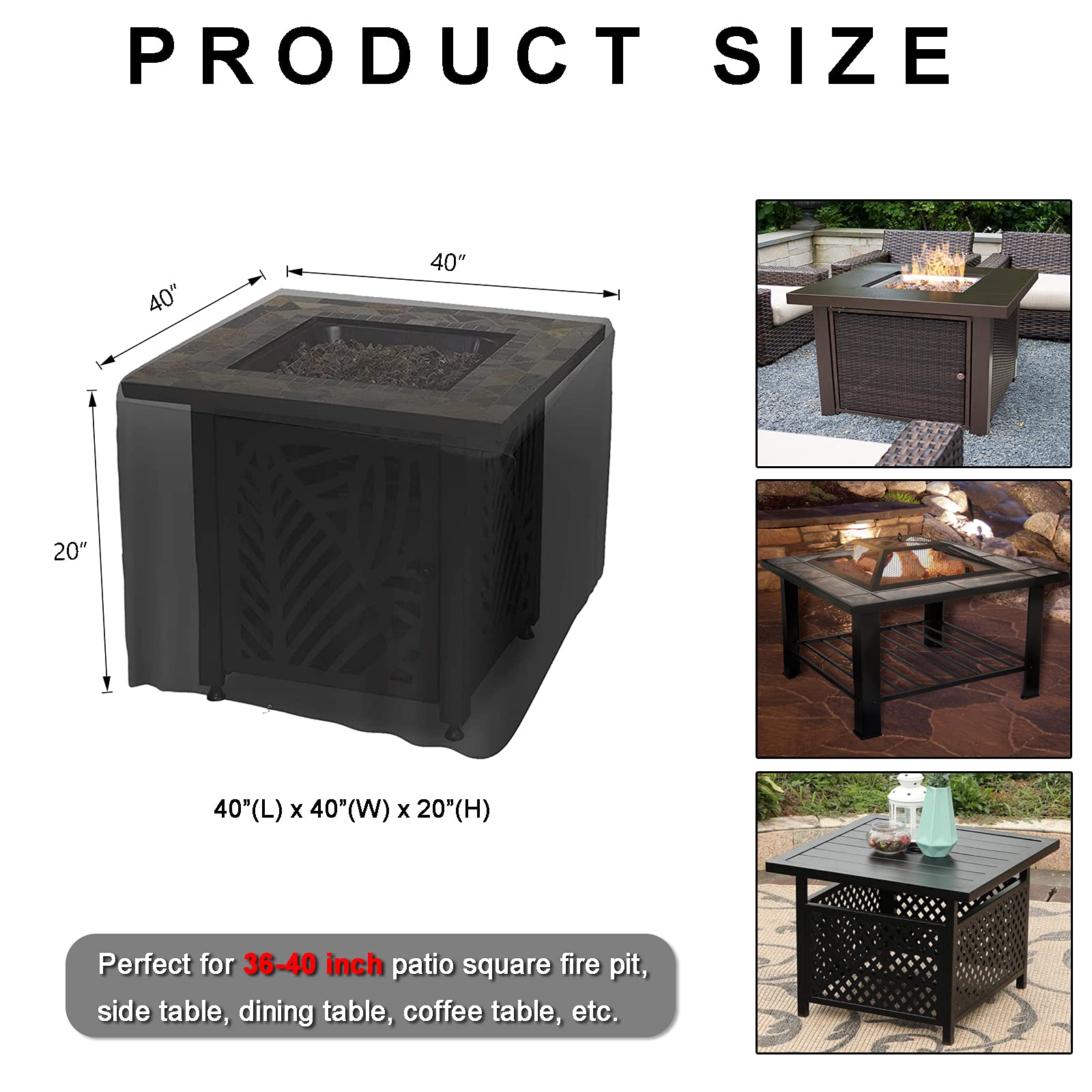 Heavy Duty Waterproof Square Fire Pit Cover 40x40x20 Inches - Outdoor Patio Furniture Protector for All Weather, UV Resistant Black Fire Pit Table Cover - Perfect for Backyard, Deck, and Garden Use