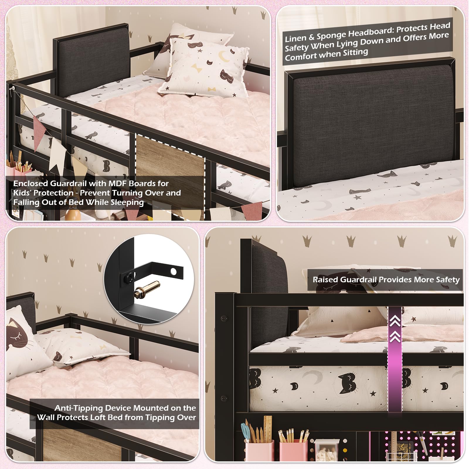 **Twin Size Loft Bed with L-Shaped Desk & Storage - Metal Bunk Bed Frame with Built-in Desk, LED Lights, Charging Station, 5 Drawers, 2 Pegboards & Clothes Rack - Noise-Free, Gray - Perfect for Small Spaces, Dorm Rooms & Kids' Bedrooms**