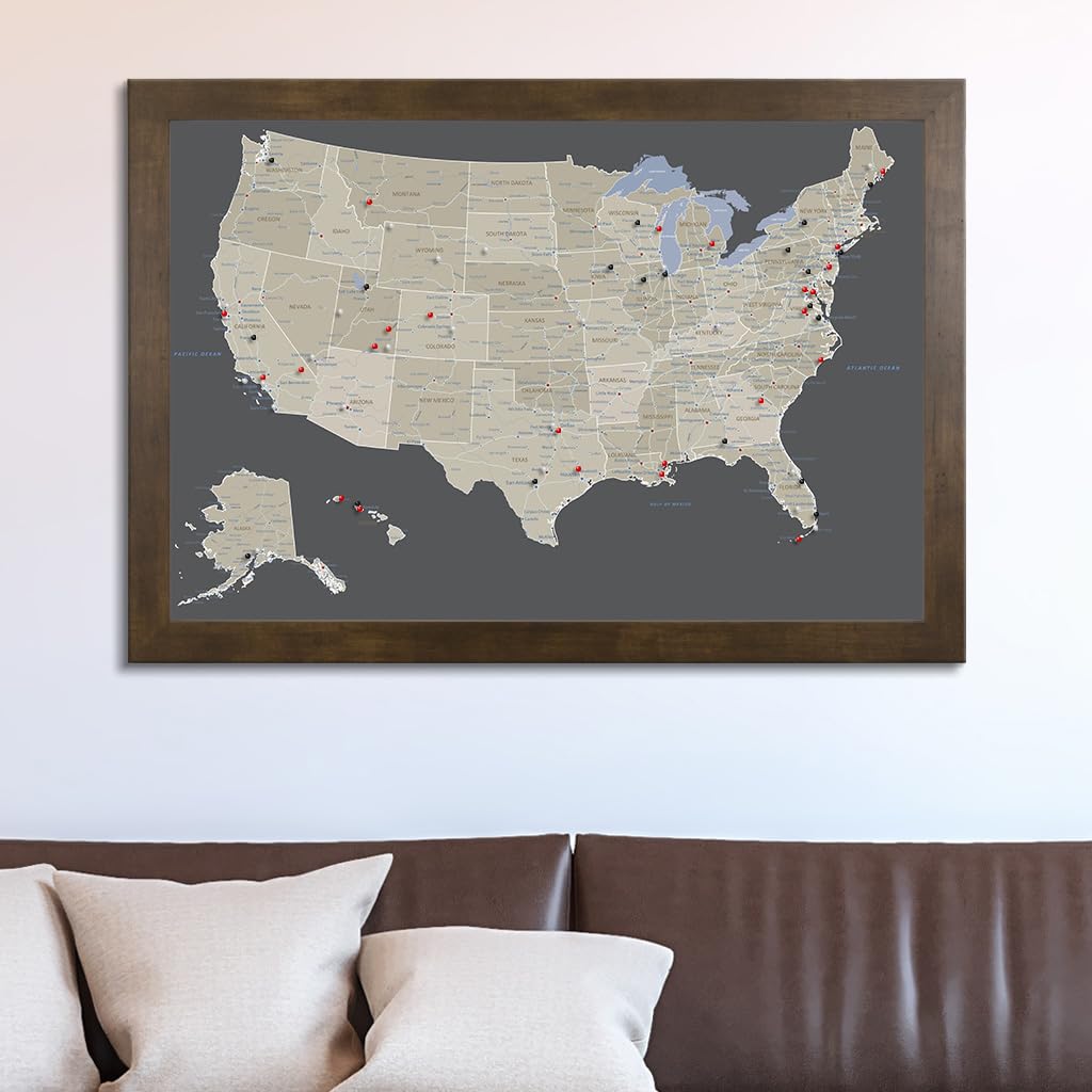 Custom Push Pin Travel Map - Rustic Brown Framed Wall Art with 150 Pins | Handmade in USA | 27.5