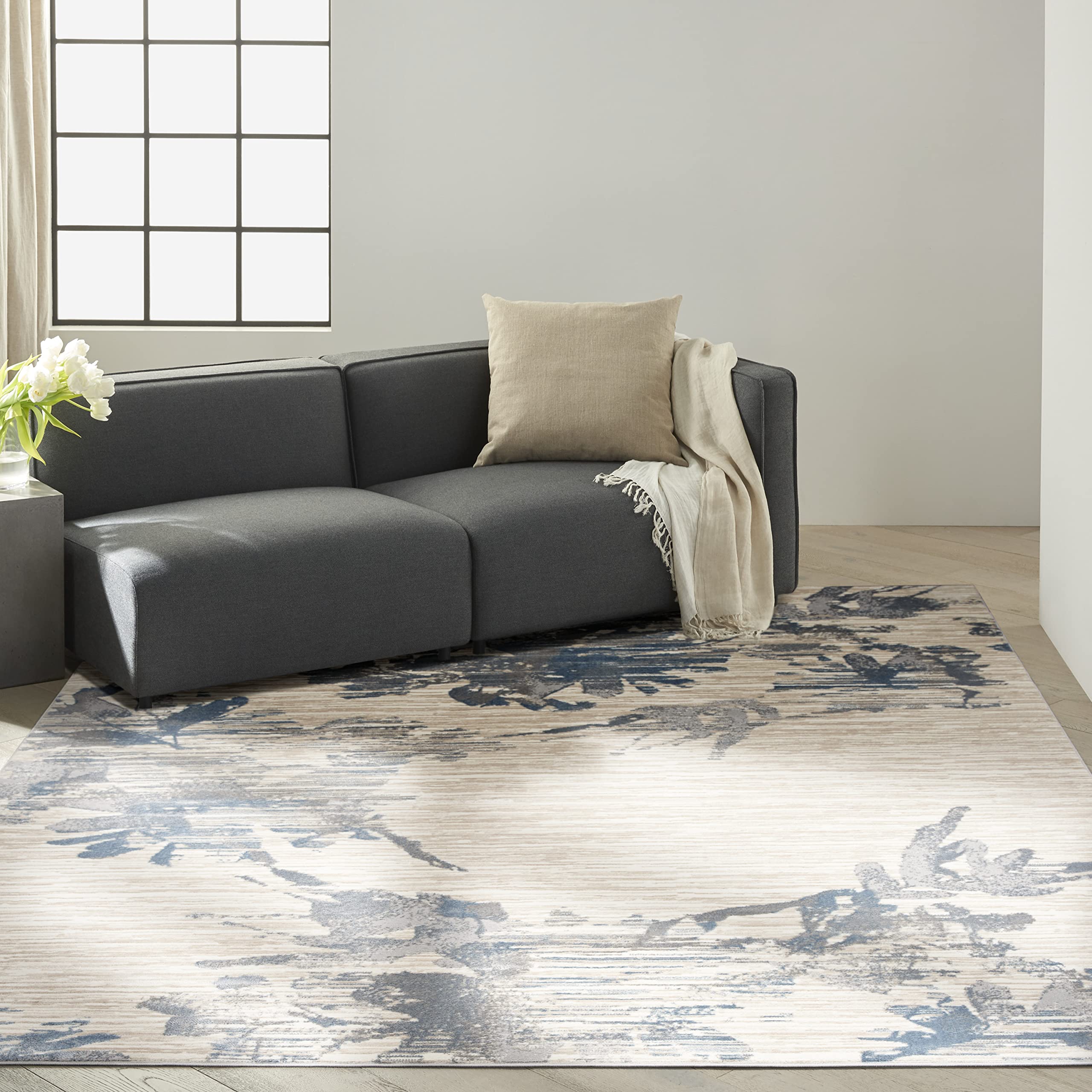 Calvin Klein Enchanting Ivory Grey Blue 8x10 Area Rug - Transitional Floral Design, Easy Clean Non-Shedding, Soft & Durable - Perfect for Bedroom, Living Room, Dining Room, Kitchen Decor