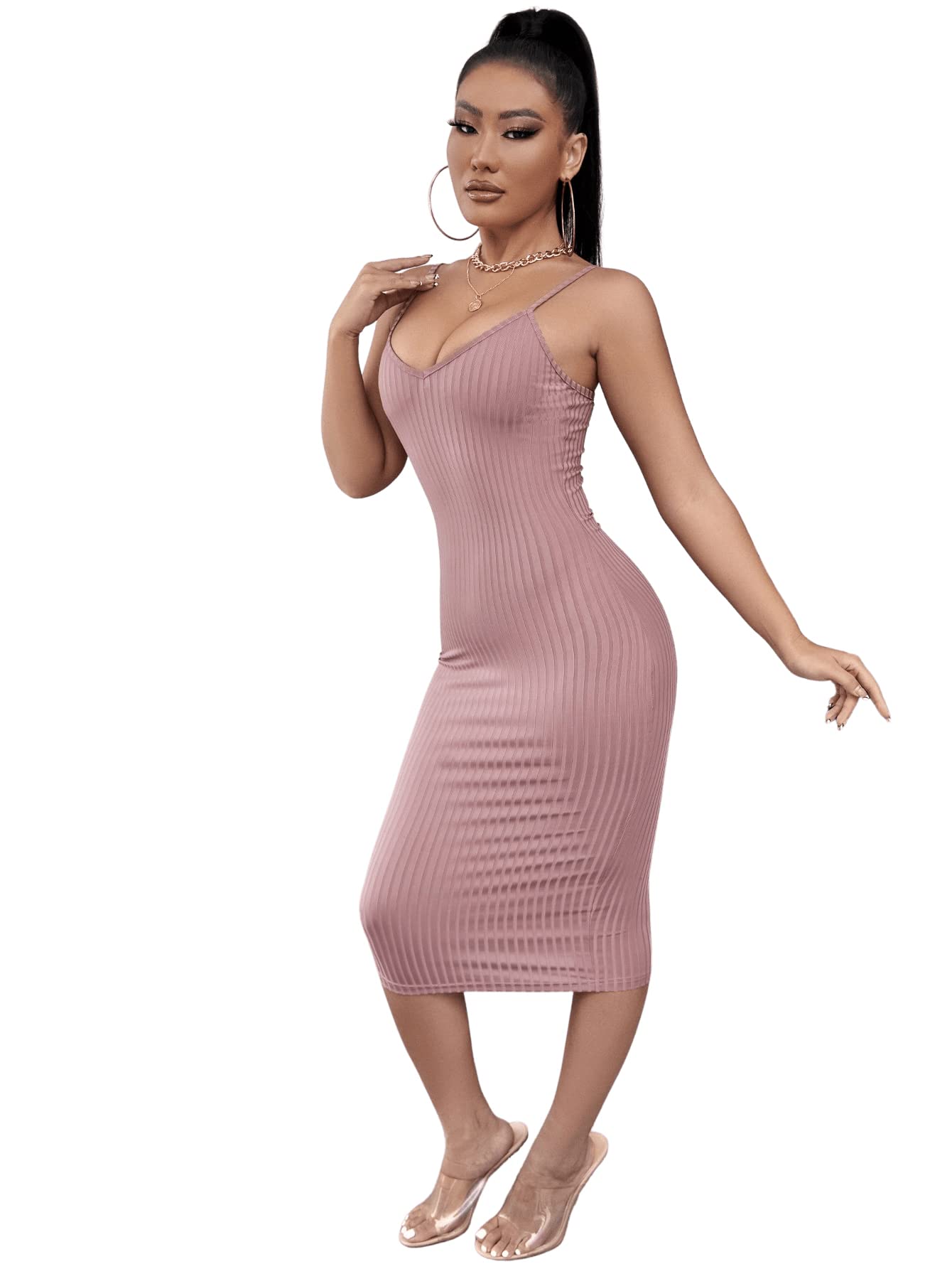 SweatyRocks Women's Sleeveless V Neck Ribbed Knit Cami Dress - Spaghetti Strap Bodycon Midi Dress for Summer, Casual Outings & Night Out | Slim Fit Stretchy Party Clubwear