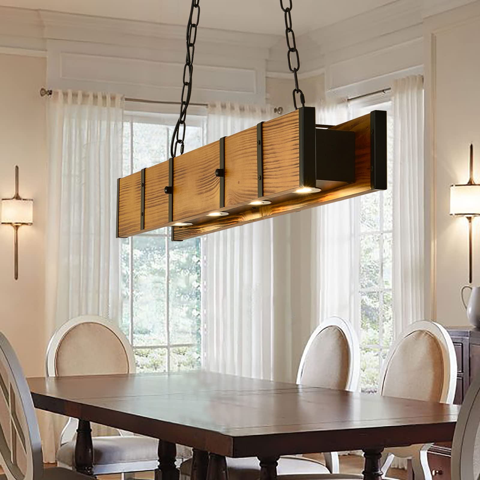 Rustic Wood Chandelier with 4x5W LED 3-Color Changing Lights - Farmhouse Rectangular Pendant Lighting for Dining Room, Kitchen Island, Pool Table & Industrial Spaces | Perfect for Home Decor, Restaurants, and Cabin Lighting