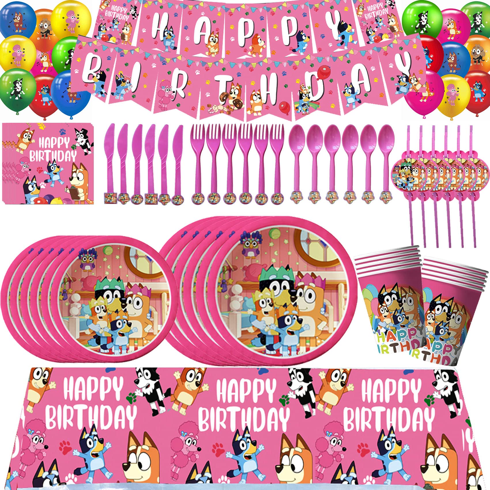 Pink Cartoon Blue Dog Birthday Party Supplies Set - Balloons, Banner, Tablecloth, 7+9 Inch Plates, Cups, Cutlery & Napkins for Kids Birthday Decorations | Perfect for Themed Parties, Baby Showers & Fan Celebrations