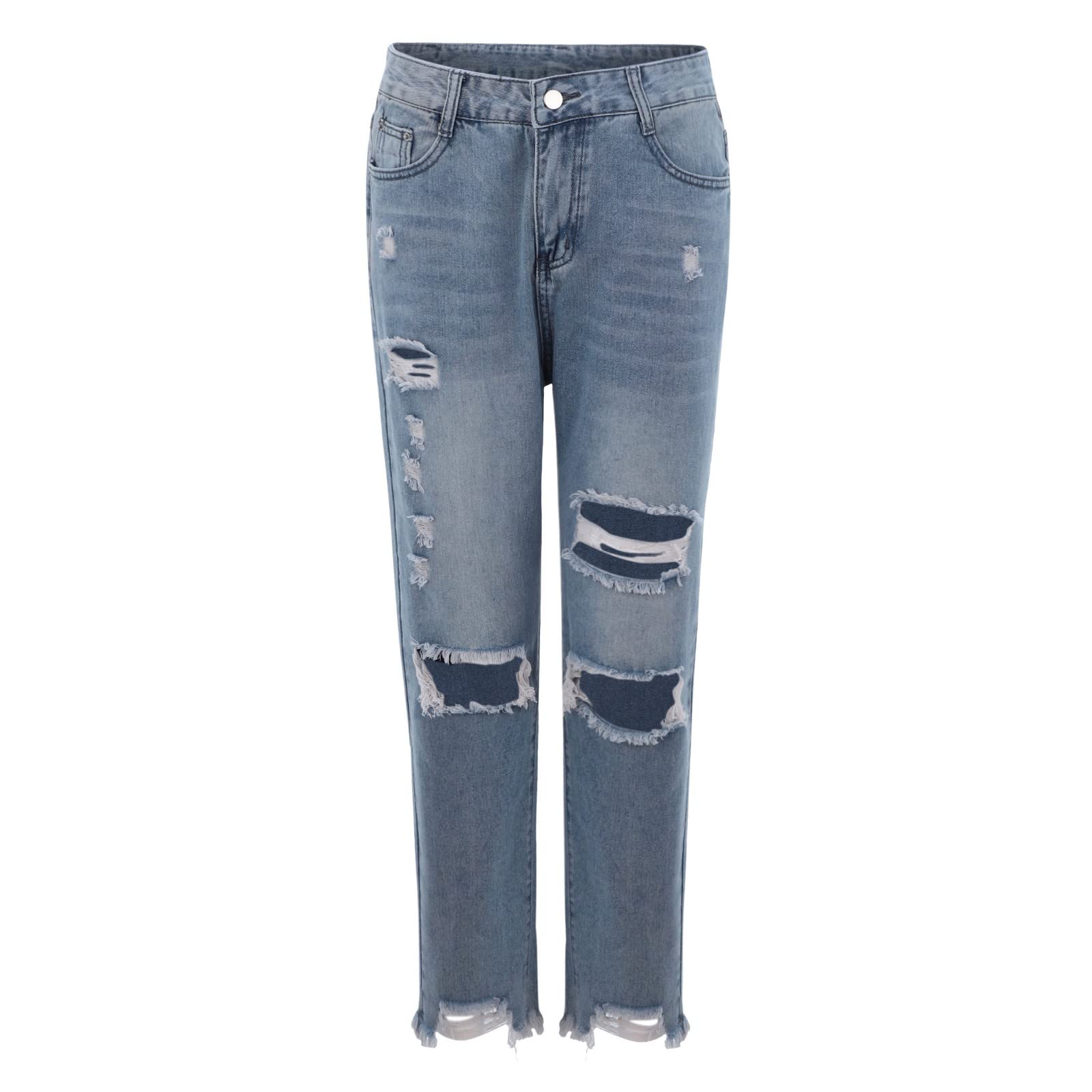Women's Ripped Distressed Straight Leg Jeans - Slim Fit Bootcut Mid Rise Denim Pants with Pockets | Casual Wear, Street Style & Everyday Outfits