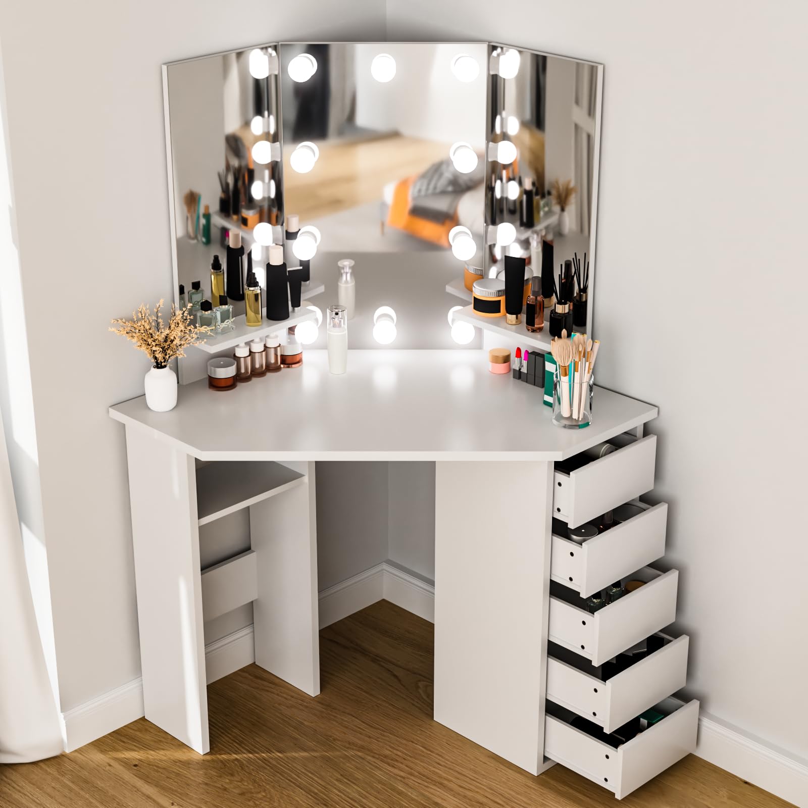 White Vanity Desk with Mirror & LED Lights - 5-Drawer Makeup Dressing Table for Women & Girls | Perfect for Bedroom, Dorm Room, and Small Spaces