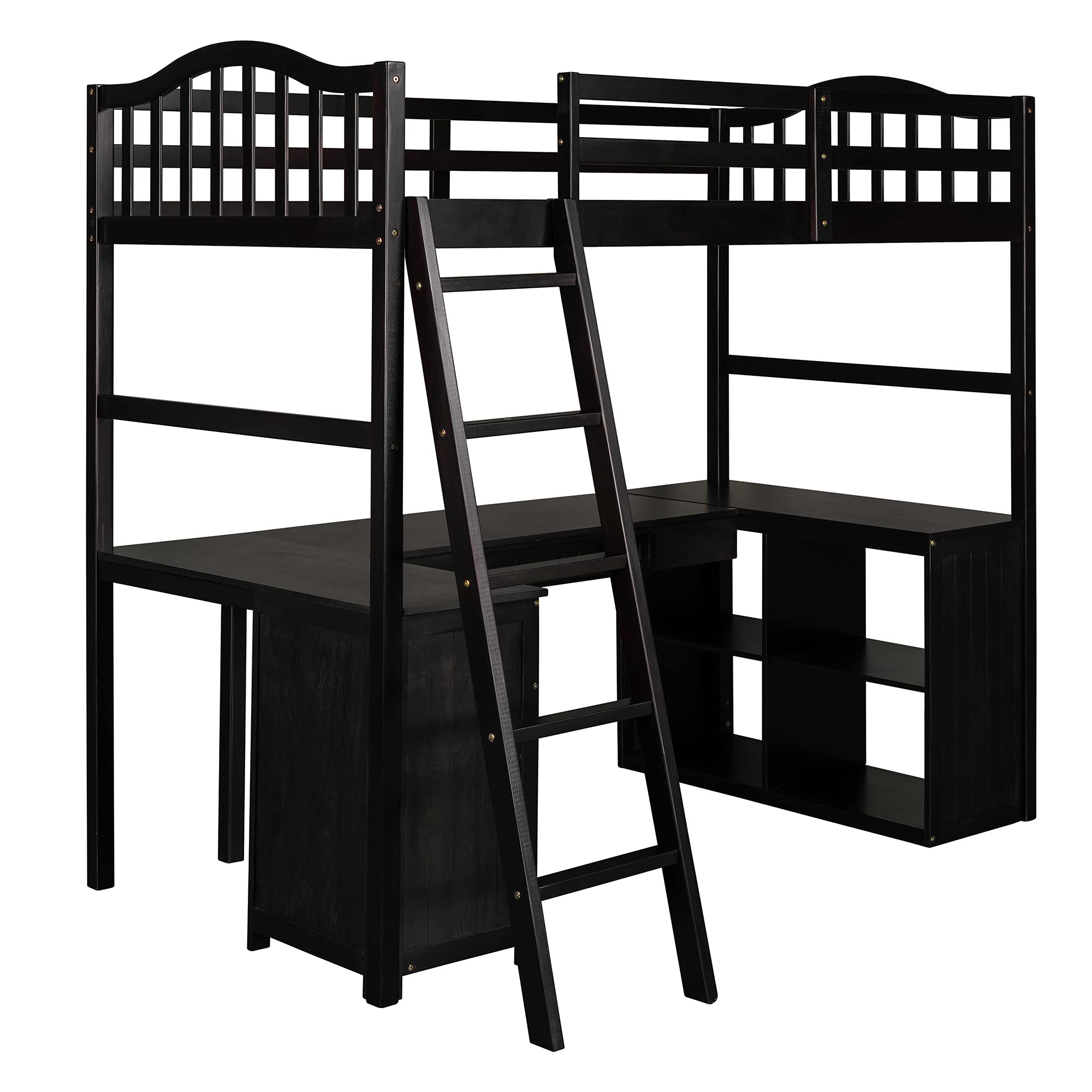 **Twin Size Wood Loft Bed for Kids with Desk, Drawers, Cabinet & Shelves - Space-Saving Multi-Functional Loft Bed Frame - No Box Spring Needed (Espresso) - Perfect for Small Bedrooms, Dorms & Kids' Rooms**